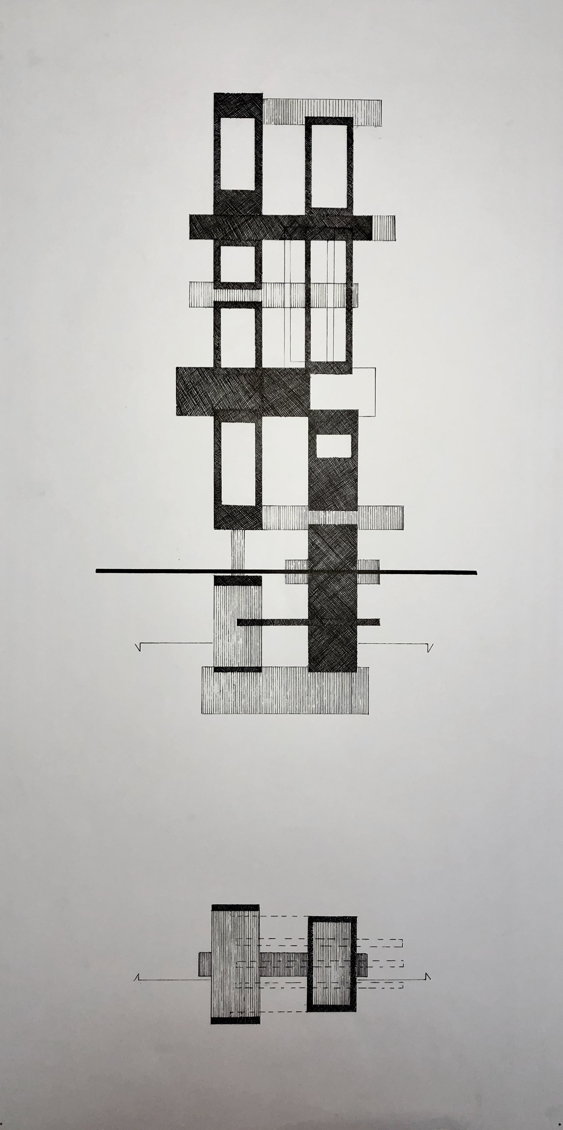 Section rendering in pen of a wood tower exploring proportions.