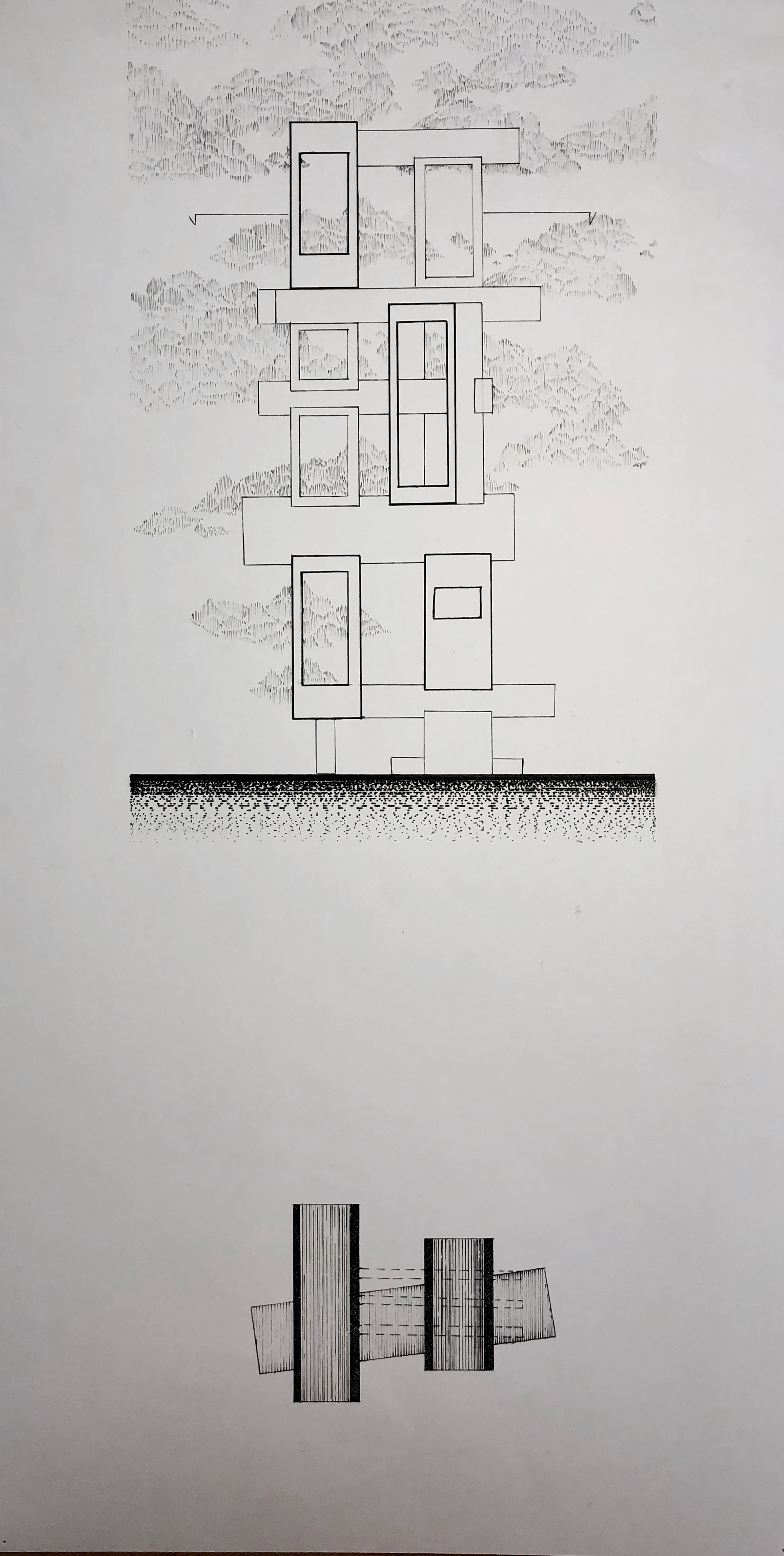 Elevation rendering in pen of a wood tower exploring proportions.