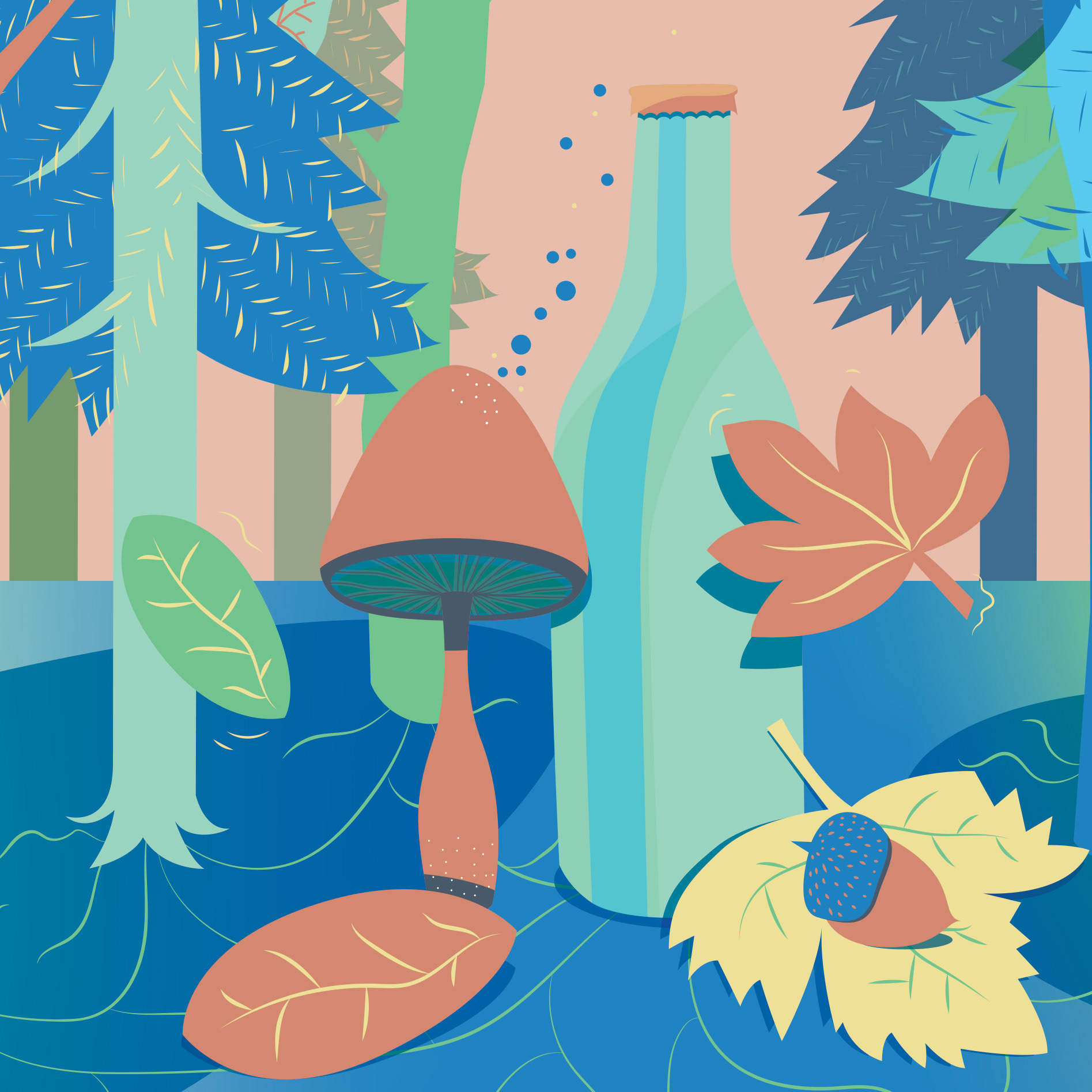 Zoom illustration : détails bouteille, champignon, gland, feuille, sapin et spores