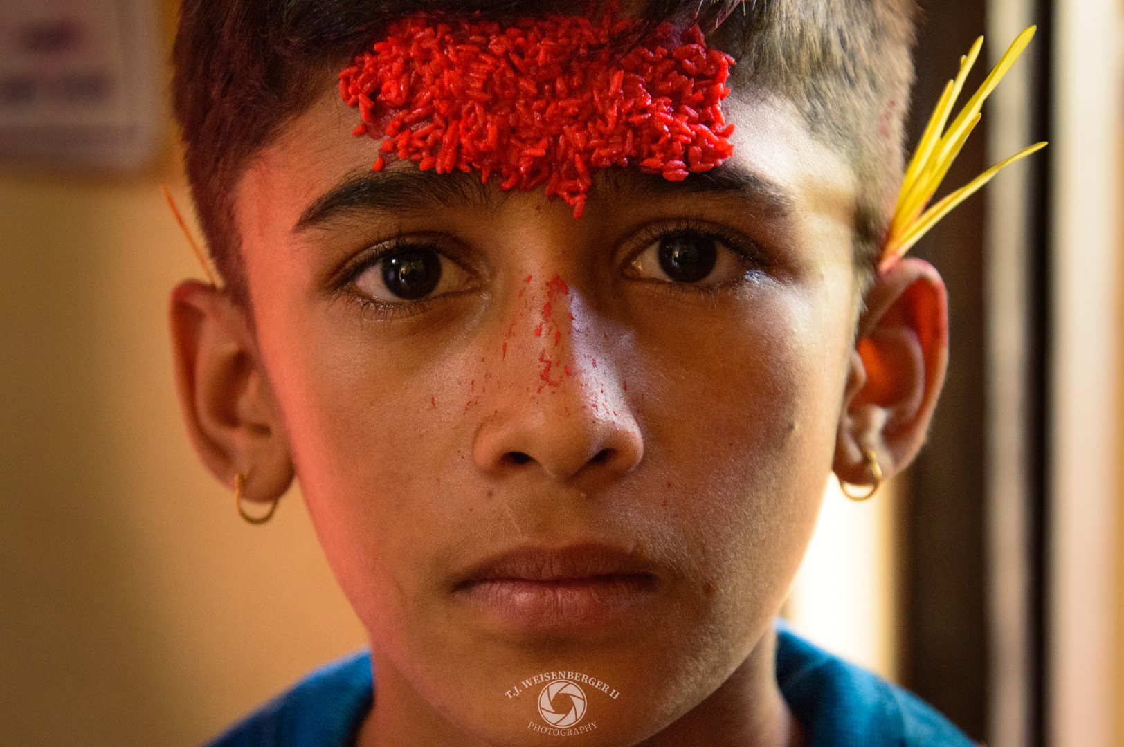 Nepali Boy with Red Tika and Jamara (yellow grass) During Dashain Festival - Pokhara, Nepal