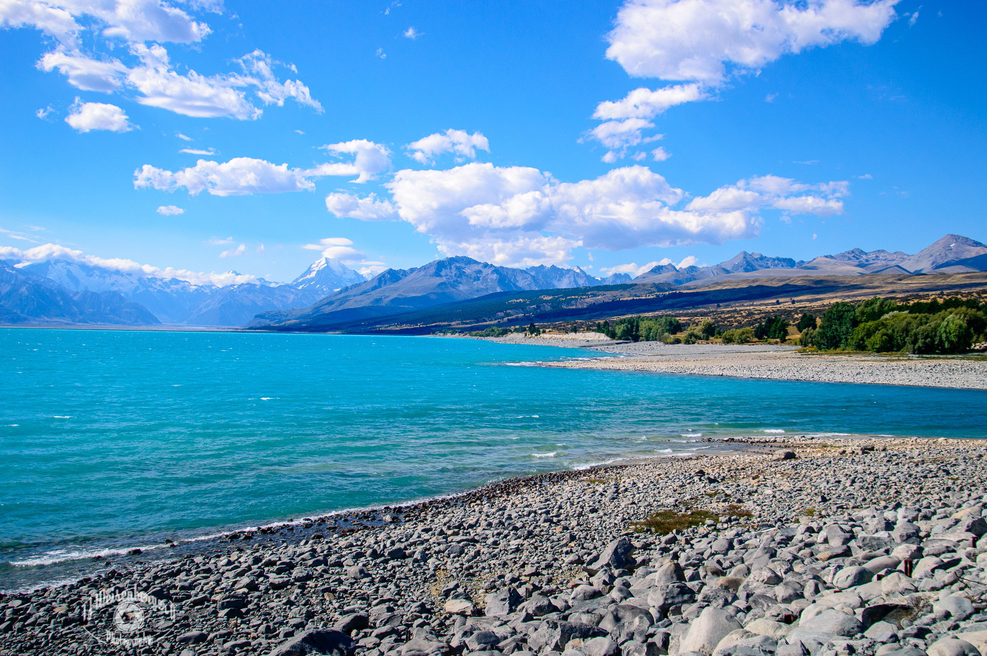 Lake Tekapo Shore - South Island, New Zealand; Aqua; Blue; Blue Sky; Environment; Glacial; Green; Island; Lake; Lake Tekapo; Landscape; Landscape - Scenery; Mountain; Mountains; National Park; New Zealand; No People; Photography; Planet Earth; Pristine; Scenics - Nature; South Island; Summer; Sunny; Tourism; Travel; Travel Destinations; Water; clouds; nature; outdoors; TJ; Weisenberger
