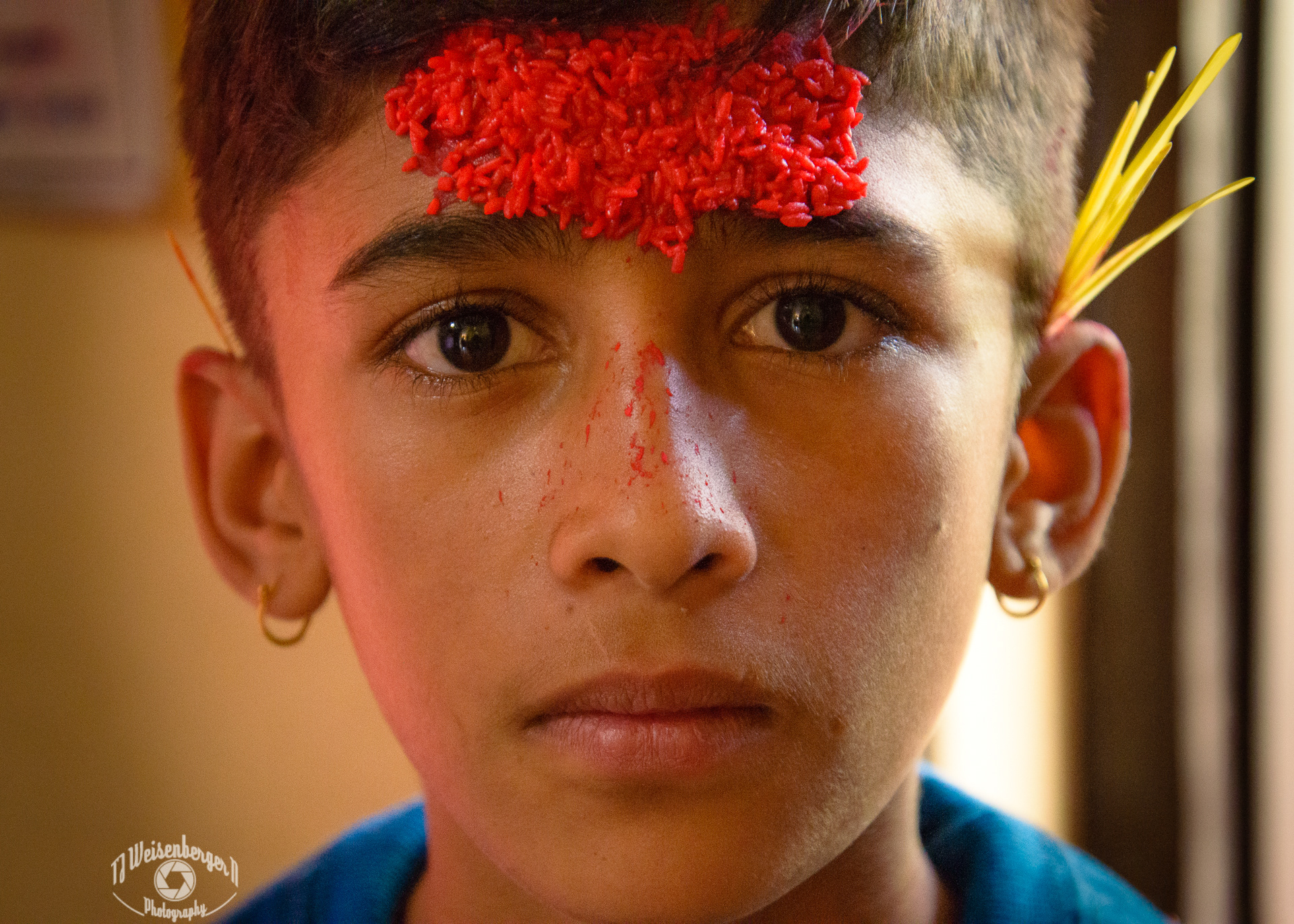 Boy with Red Tika and Jamara (yellow grass) During Dashain Festival - Pokhara, Nepal