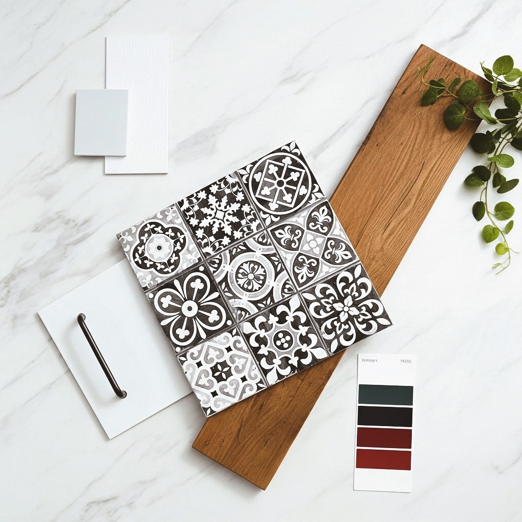 A flat-lay of a kitchen design palette, showcasing Moroccan tiles with light oak, brushed steel, and a modern color swatch