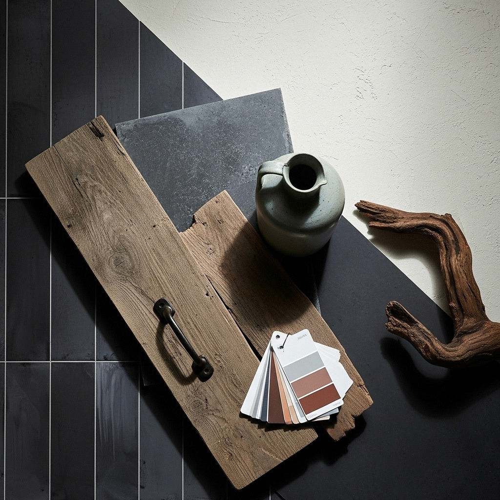 A rustic mood board featuring black tiles, a weathered wooden board with a handle, and a piece of driftwood.