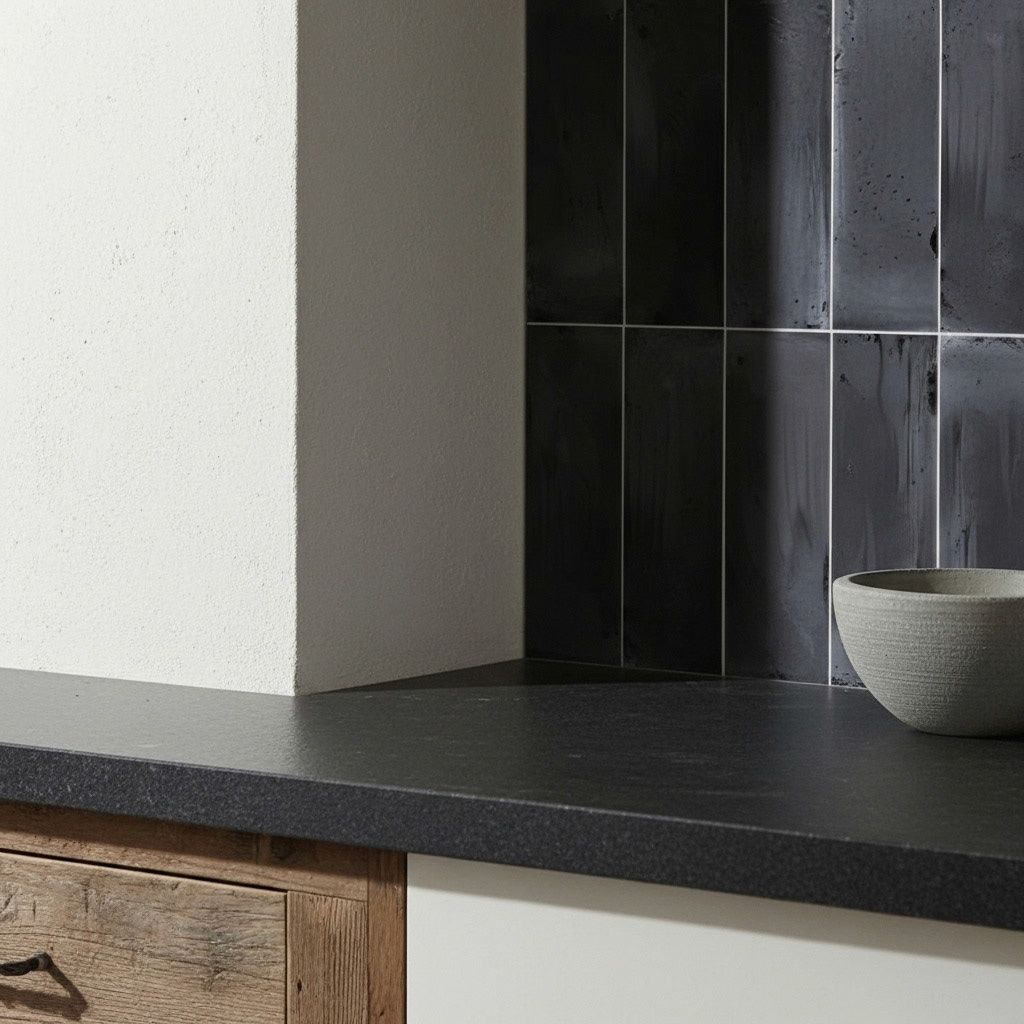 A dramatic shot of light and shadow falling across a glossy black tile wall and a textured white wall.