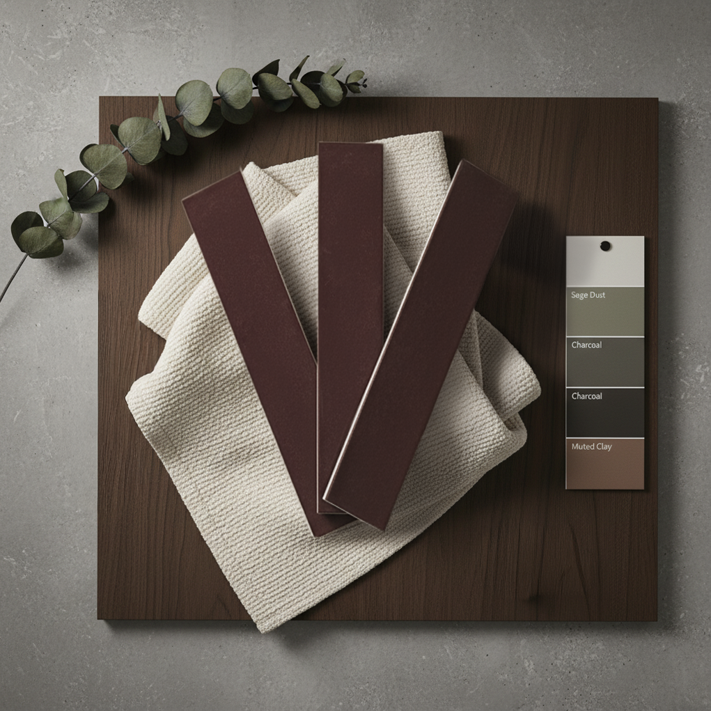 An earthy and organic mood board with matte maroon finger tiles, dark wood, a sprig of eucalyptus, and a sage green color swatc