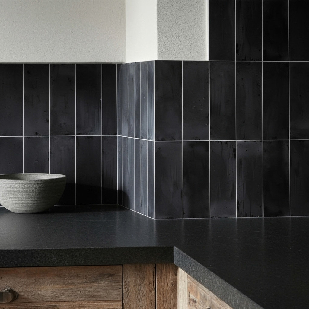 The corner of a kitchen counter showing a vertically stacked black tile backsplash meeting a dark countertop.