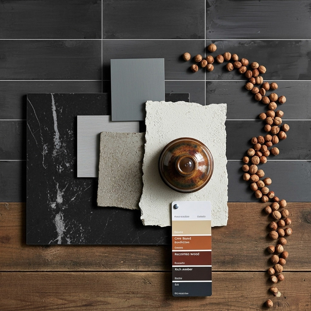 An organic flat-lay with black tiles, rough handmade paper, a scattering of hazelnuts, and a dark stone bowl.