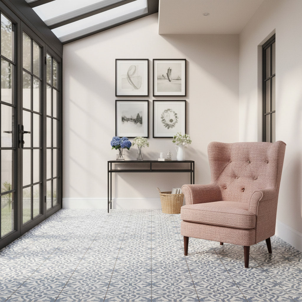 A sunlit conservatory with blue and white patterned tile floors and a pink wingback armchair by a black-framed glass wall