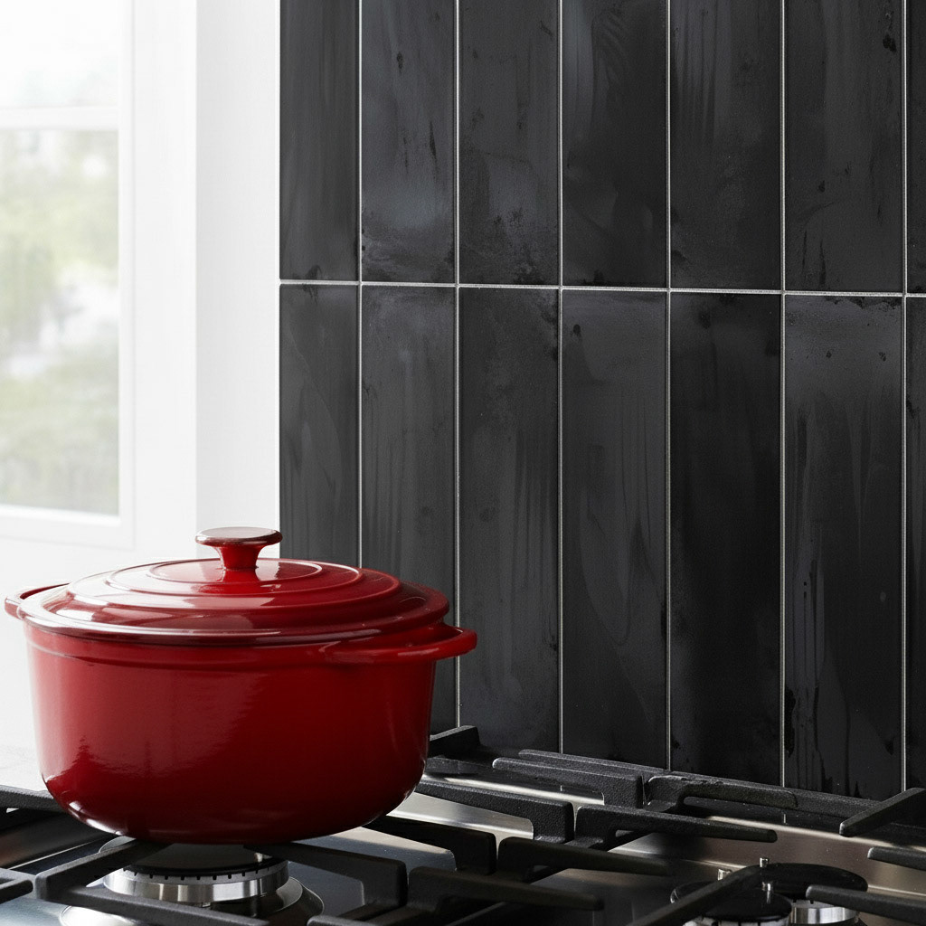 A close-up of a glossy black Zellige-style tile backsplash behind a gas cooktop with a bright red cast-iron pot.