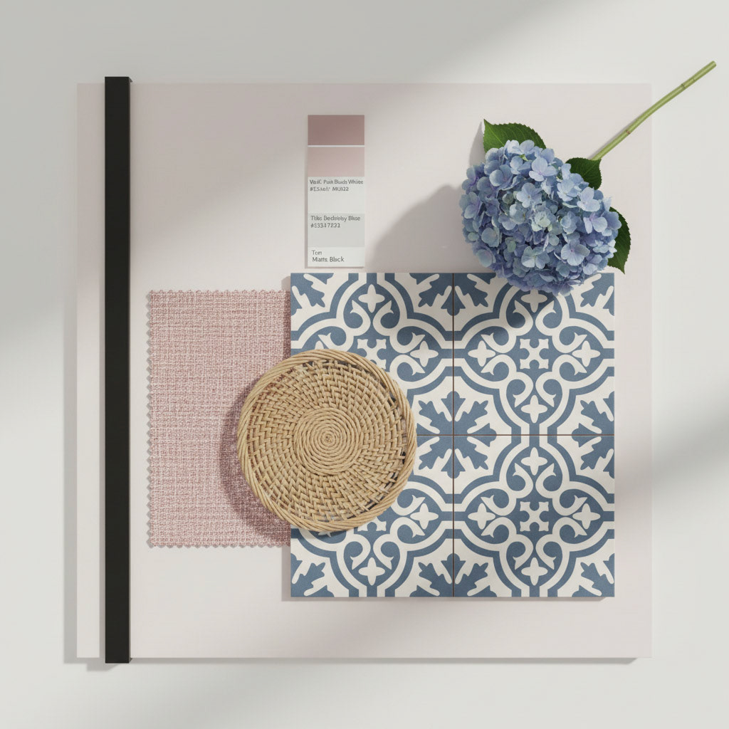 A professionally styled mood board with a blue patterned tile, a pink fabric swatch, paint samples, and a blue hydrangea