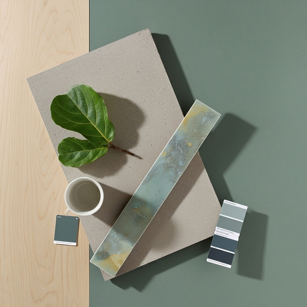 Alt Text: A design mood board with patinated finger tiles, a concrete slab, light wood, and a single green leaf on a dusty teal background.