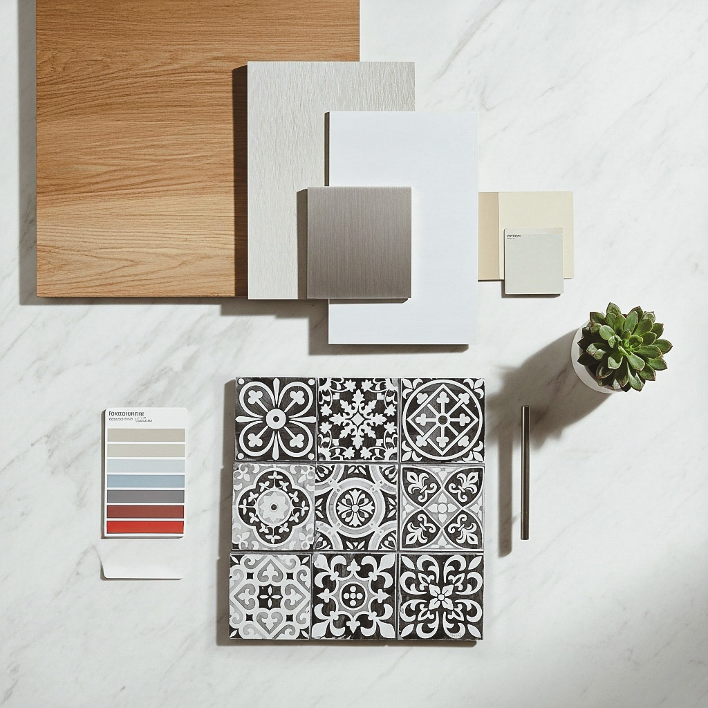A design mood board on a marble surface, featuring Moroccan tiles, warm wood, and a deep red and green color palette