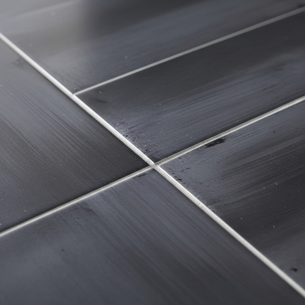 A macro shot of glossy black tiles, highlighting their uneven, handmade-style surface texture and white grout.