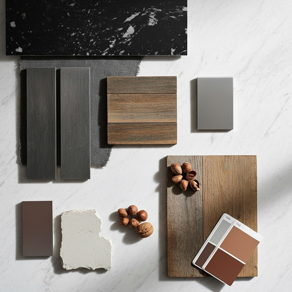A design mood board with black Zellige tiles, dark veined stone, rustic wood, and earthy brown color swatches