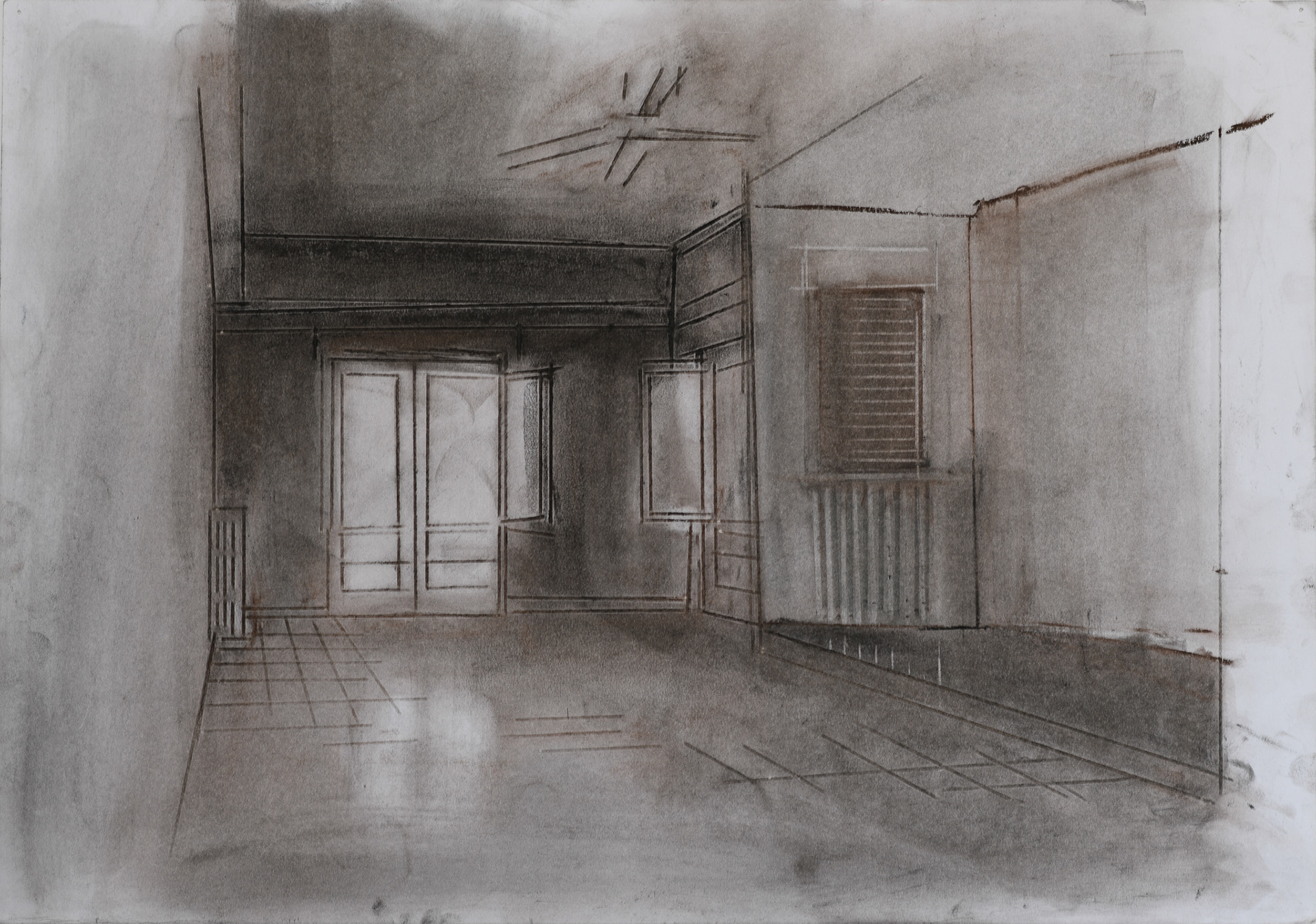 Childhood Home, from the series “Silence in three languages” 2022. Embossed drawing, charcoal and dry pastel on paper. 35x42 cm