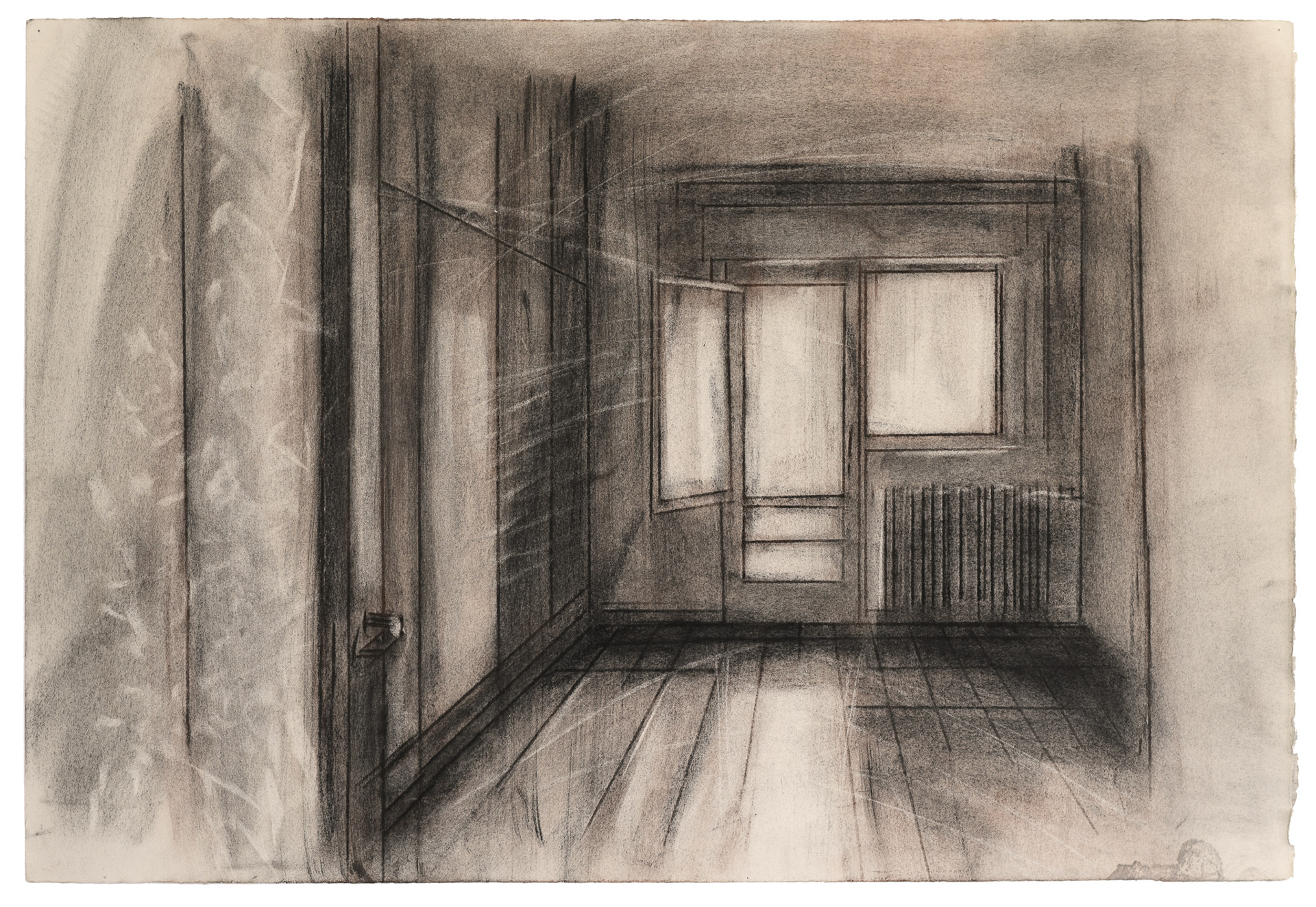 Childhood home from the series “Silence in three languages”, 2022 Embossed drawing, charcoal and dry pastel on paper 38x56 cm