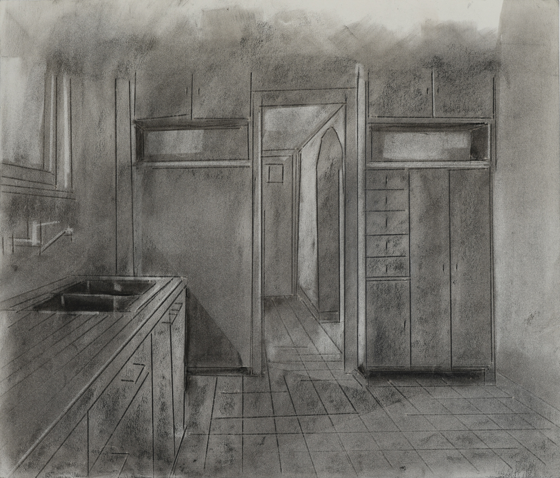 Childhood Home, from the series “Silence in three languages” 2022. Embossed drawing, charcoal and dry pastel on paper. 35x42 cm