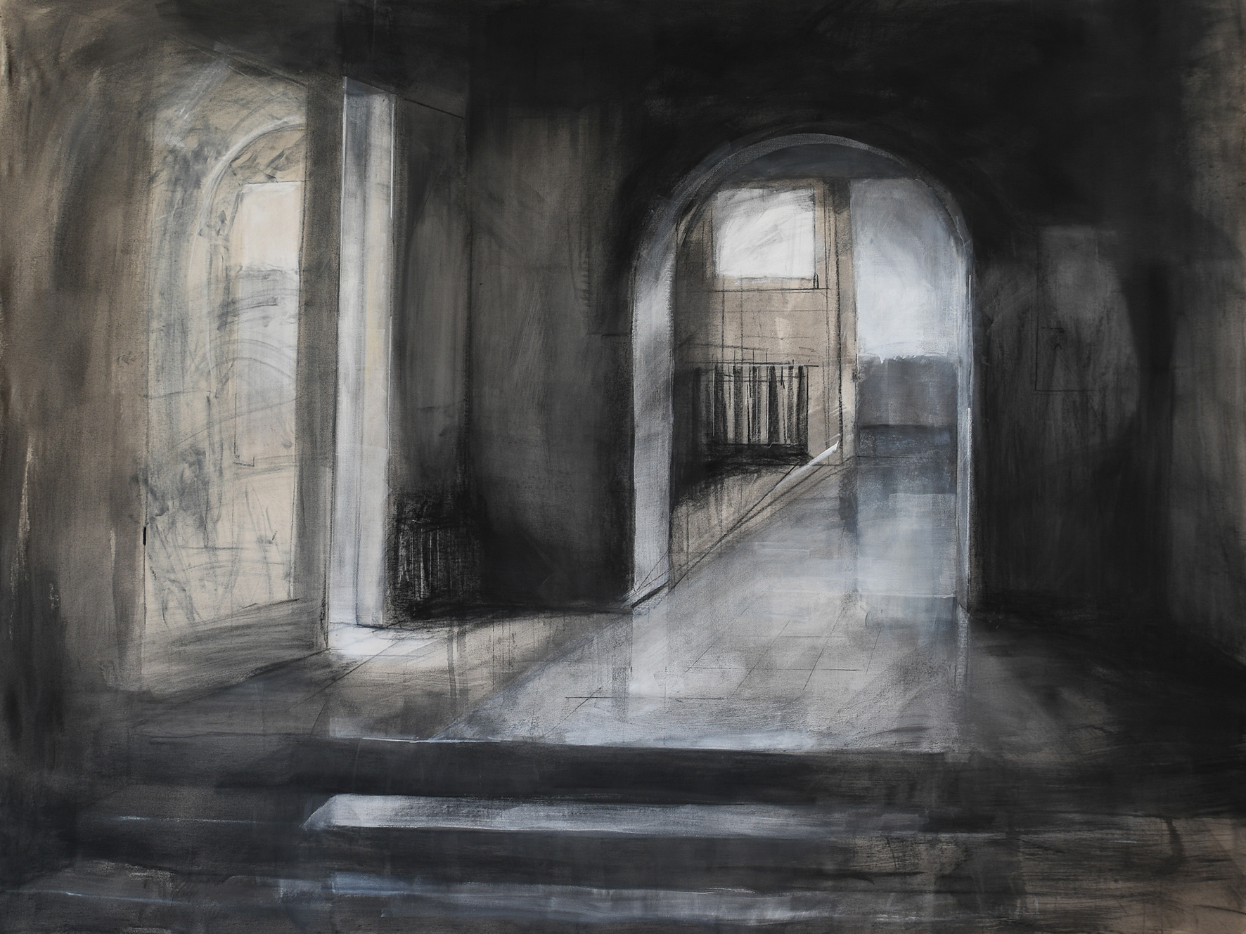 Hallway, 2023. Gesso, charcoal, graphite and pastel on canvas, 180x240 cm