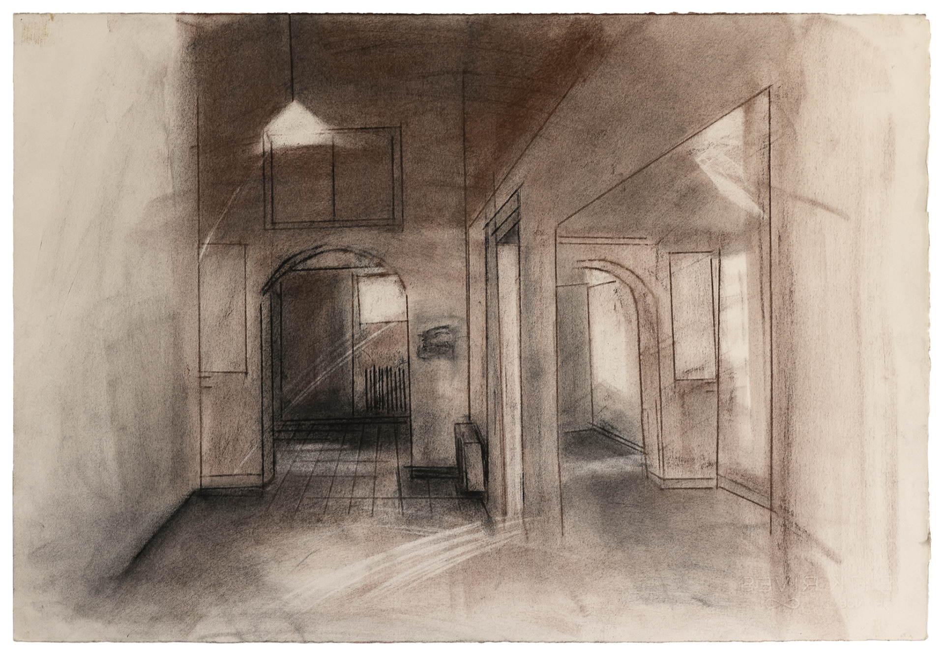 Childhood Home from the series “Silence in three languages”, 2022 Embossed drawing, charcoal and dry pastel on paper 38x56 cm