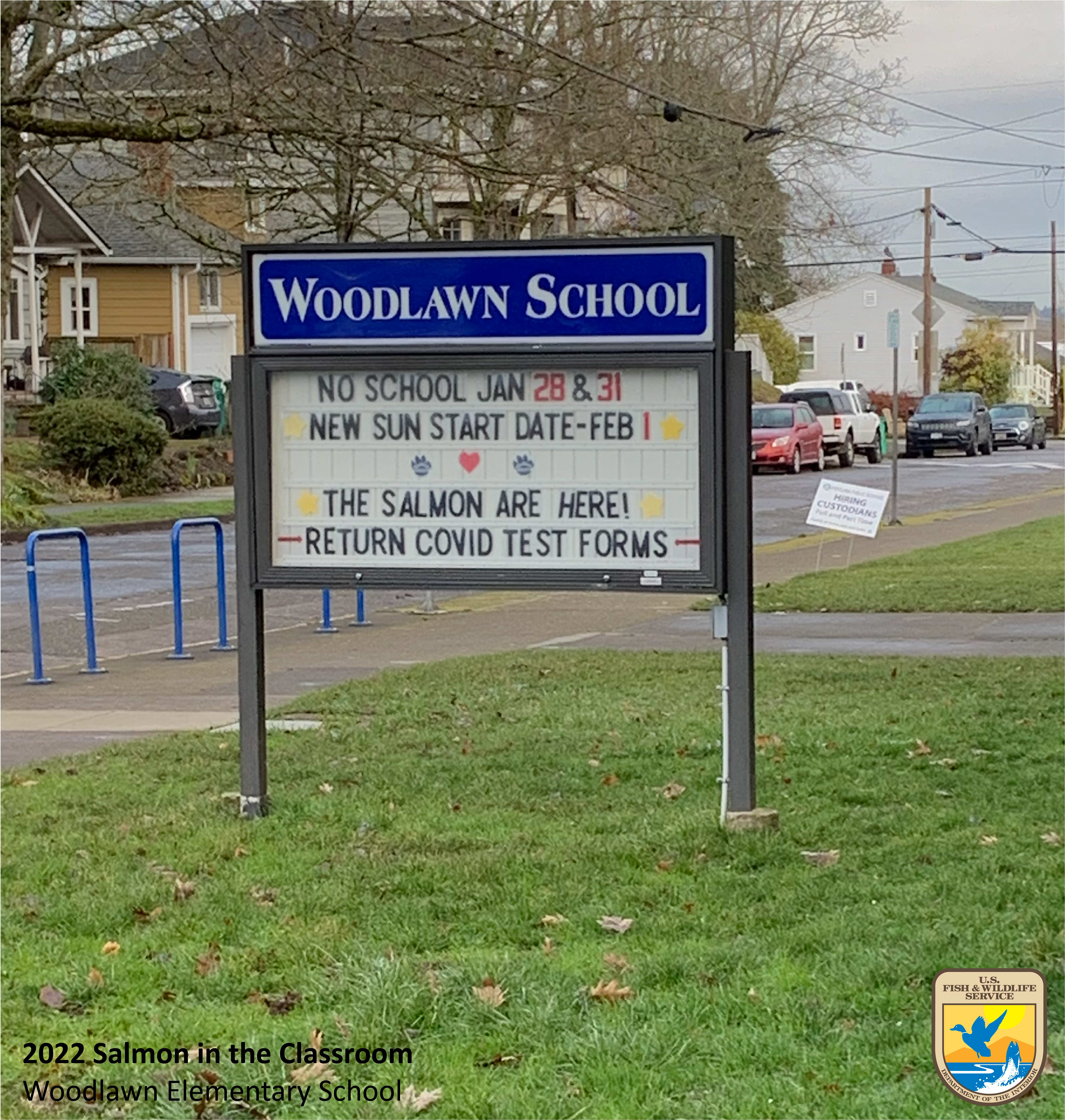 Readerboard in the lawn in front of Woodlawn Elementary. There is a message that says "The salmon are here!". Photo taken by Nicole Hams (USFWS)