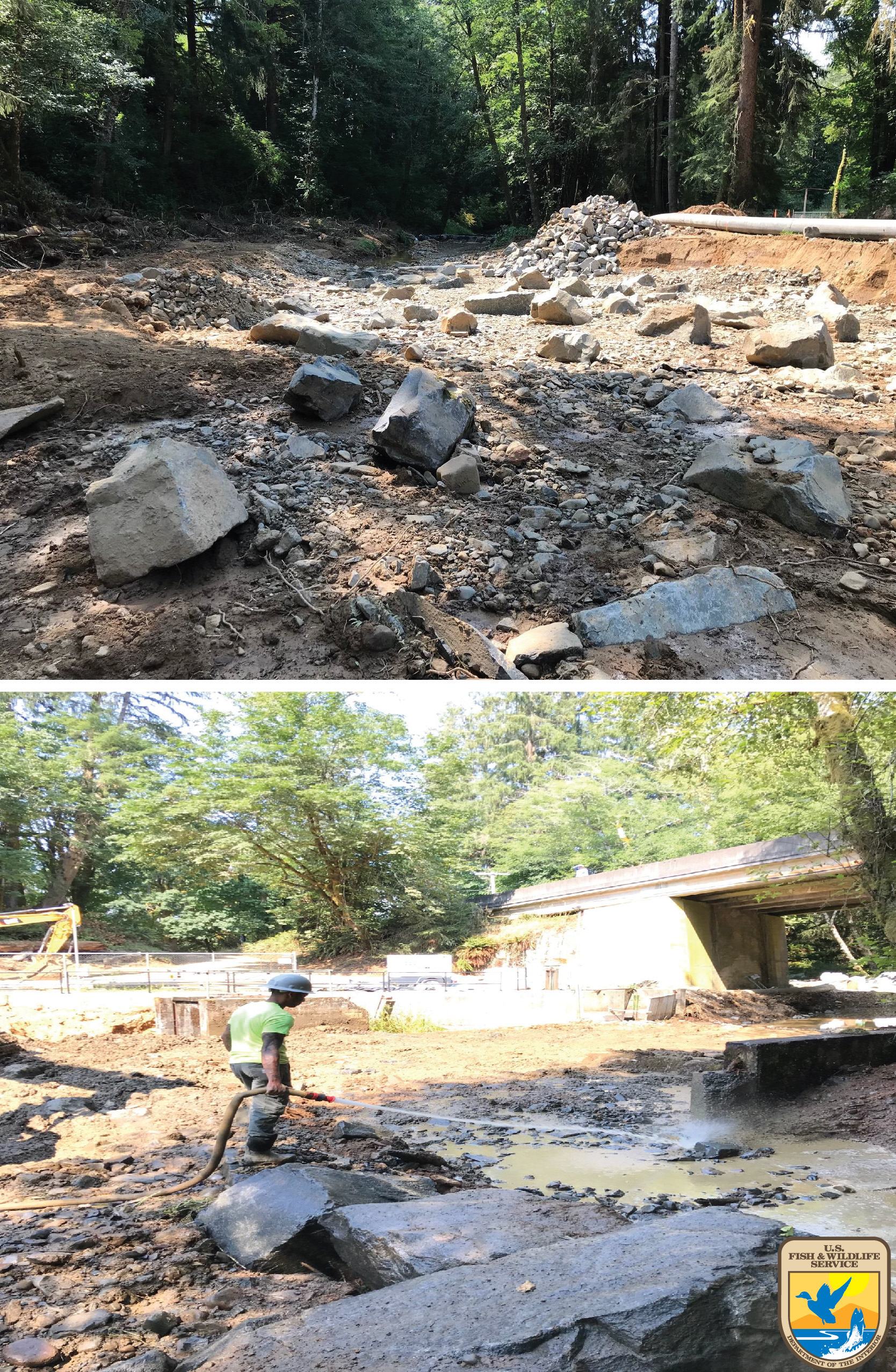 During Restoration- Above: Structural elements of the roughened channel were placed prior to adding engineered stream simulation mix. Below: After placing smaller cobbles and gravels, materials were power washed to ‘seal’ the channel. The goal was to have water ponding on the surface in each constructed section before moving to the next.
