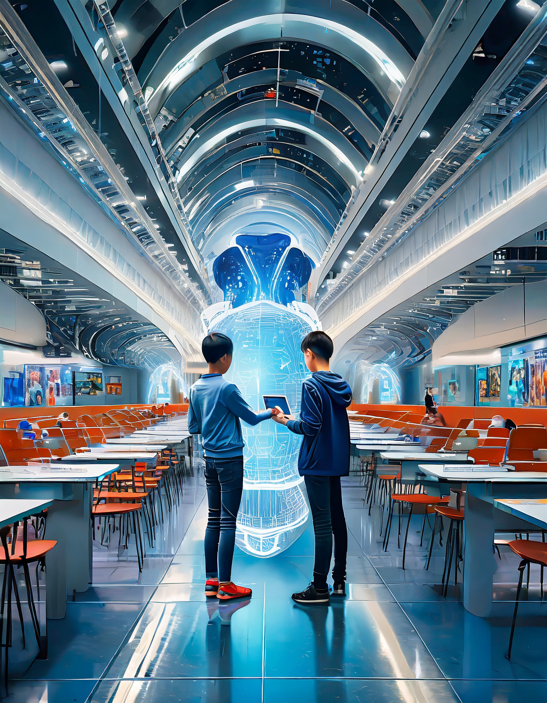 AI-generated image of two students collaborating in a futuristic classroom, using a tablet device.
