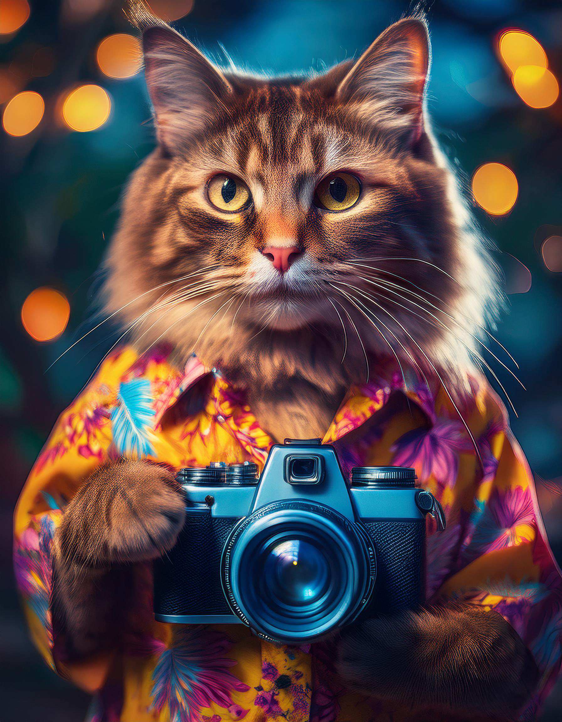 AI-generated image of a long haired cat wearing colorful Hawaiian shirt taking photographs with a vintage style camera