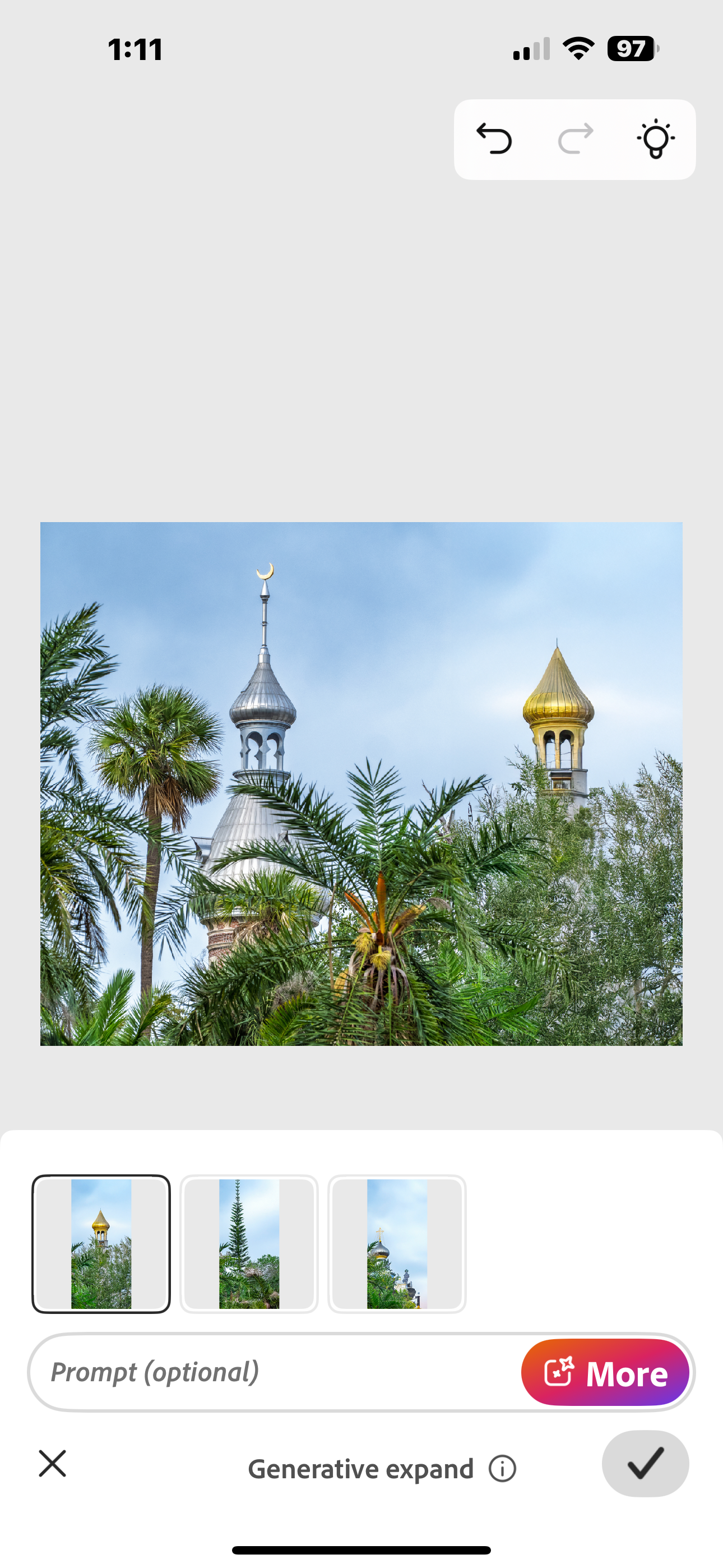 Screen grab of Photoshop Mobile interface with an image displayed,  after applying Generative Expand to change the aspect ratio of the image.