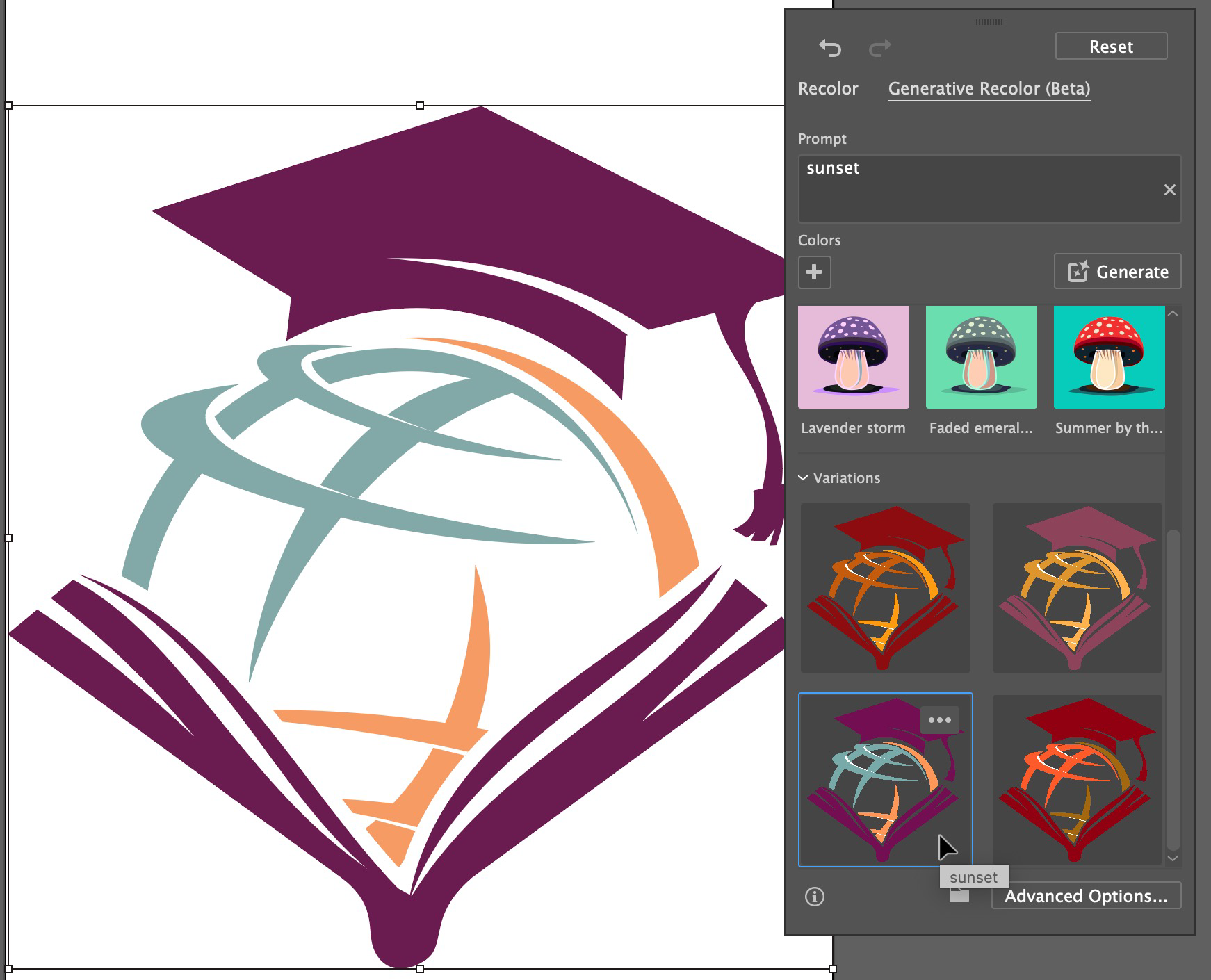 Image showing Generative Recolor interface in Adobe Illustrator after applying Generative recolor to a vector object