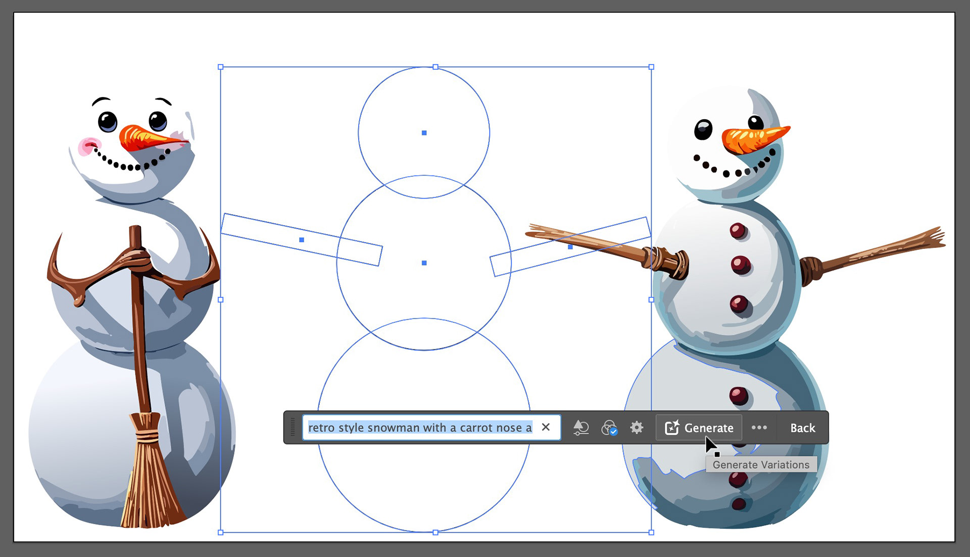 Illustration showing how simple vector shpaes like ellipses and rectangles can easily be easily generated into a detailed image of a snowman, through detailed text prompts.