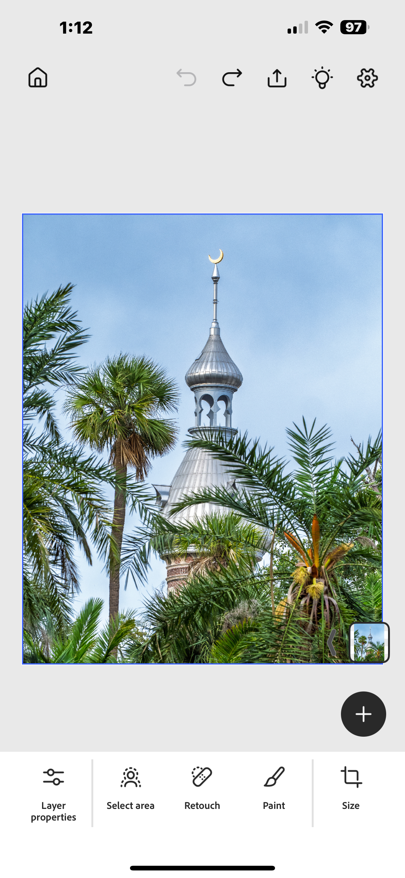 Screen grab of Photoshop Mobile interface with an image displayed,  before applying any effects.