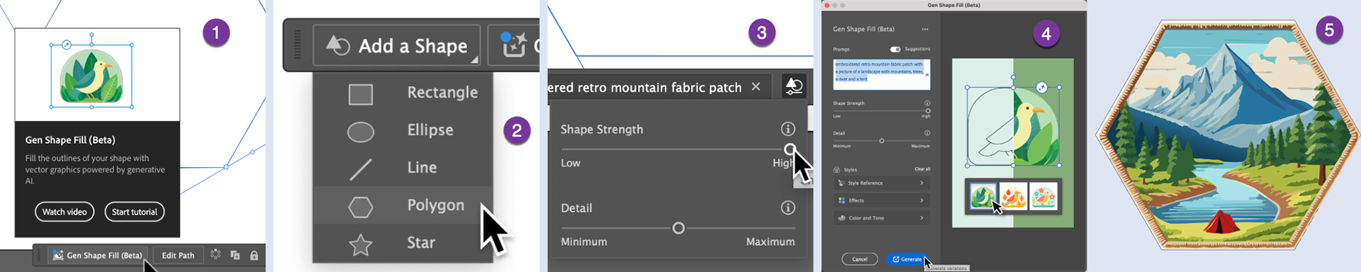 Illutration showing the steps to creating a new vector object from a simple vector shape like a hexagon or ellipse