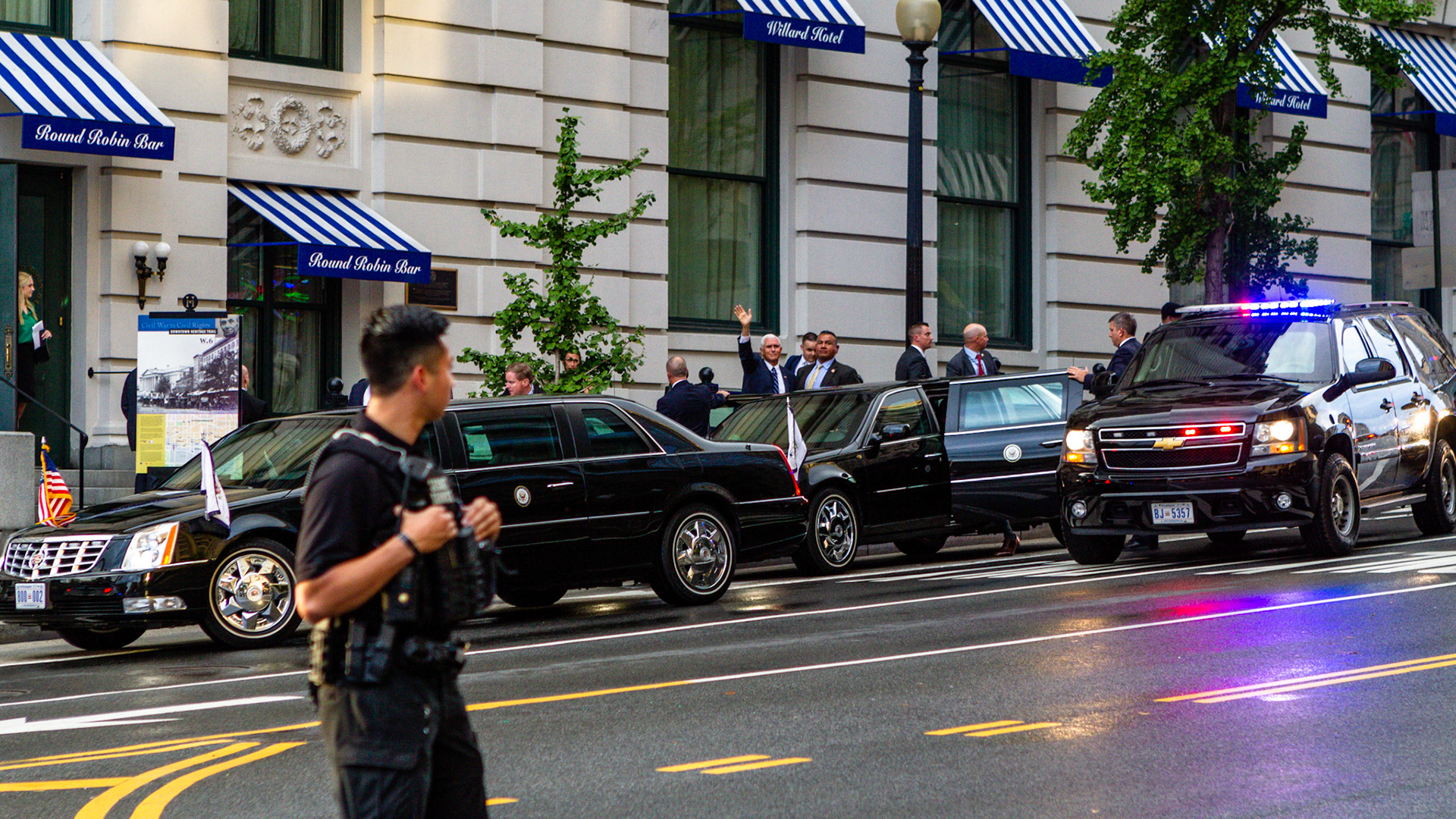 Vice President Pence arrives at a side door to the Willard Intercontinental Hotel