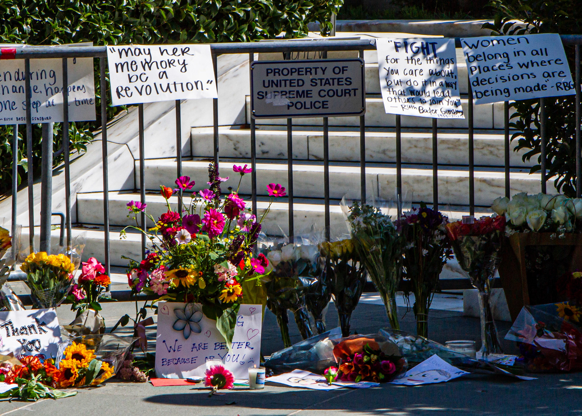 Tributes to Justice Ruth Bader Ginsburg on the steps of the Supreme Court