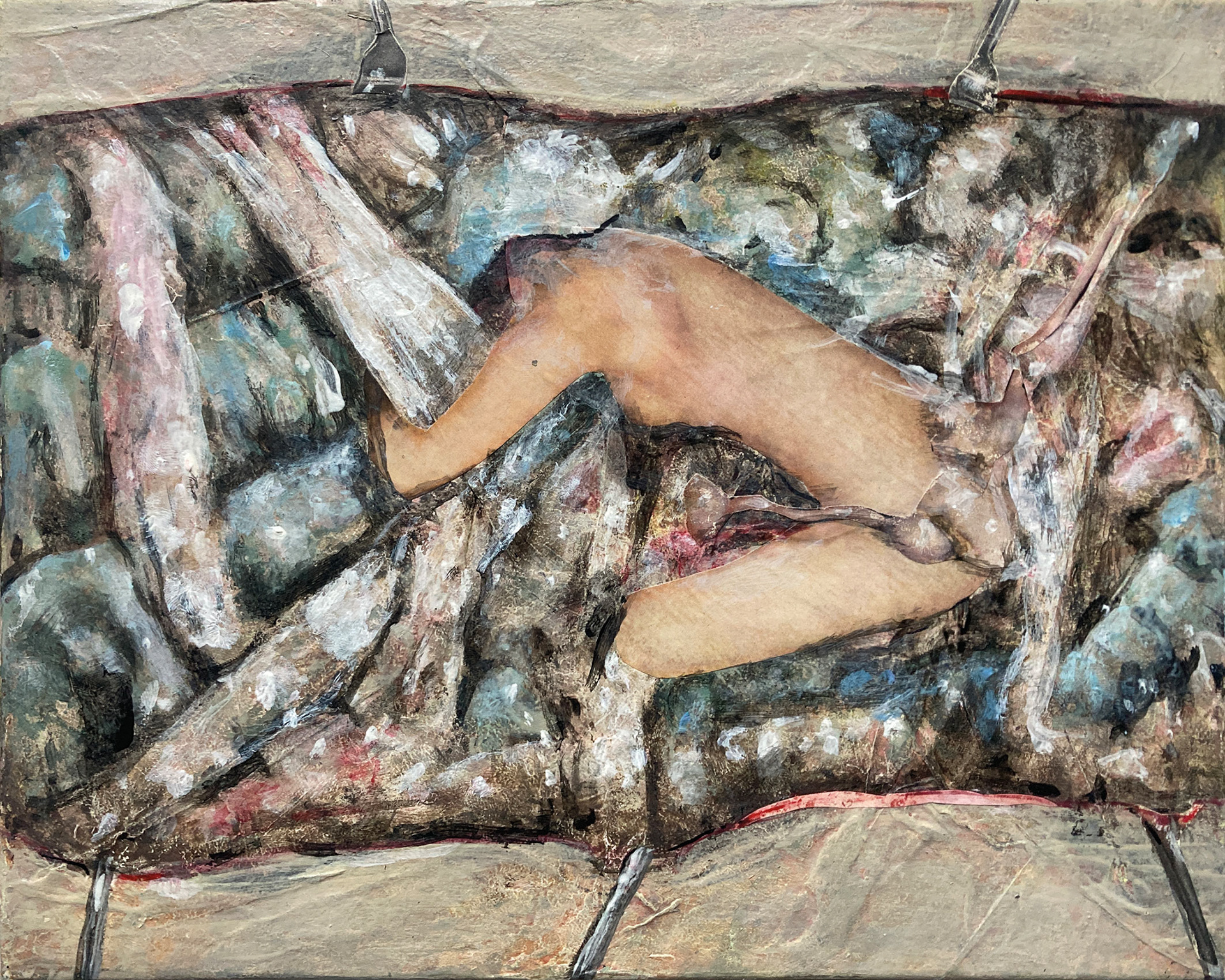 das Versteck, 30 x 24cm, Acrylfarbe, Papier auf Leinwand, 350,–