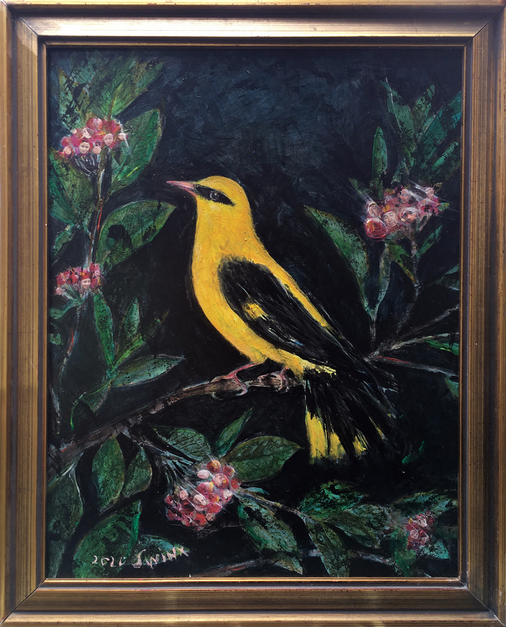 Pirol, 46 x 57,  Acryl, Papier auf Holz 