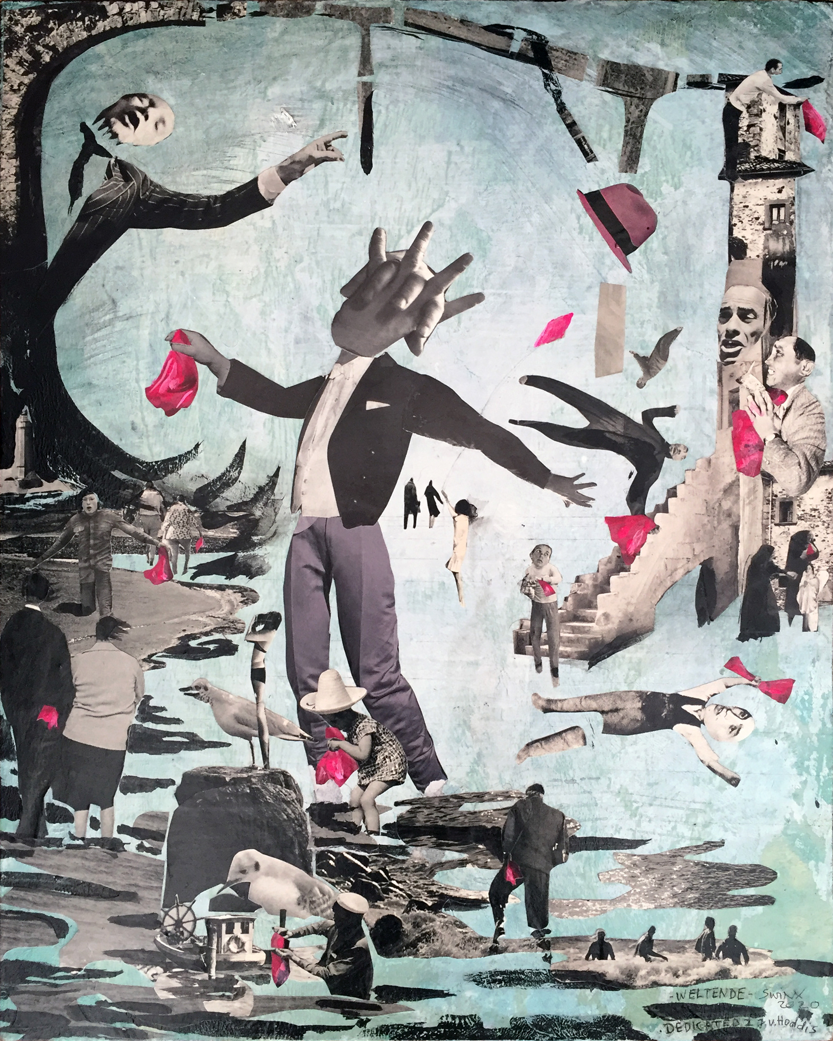 weltende. (dedicated 2 J.v.Hoddis), 40 x 50,  Collage, Acryl, Pigmente auf Holz