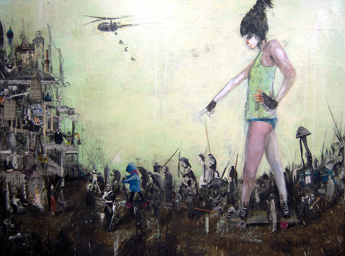 armyII, 100 x 70, Acrylfarbe, Collage auf Holz