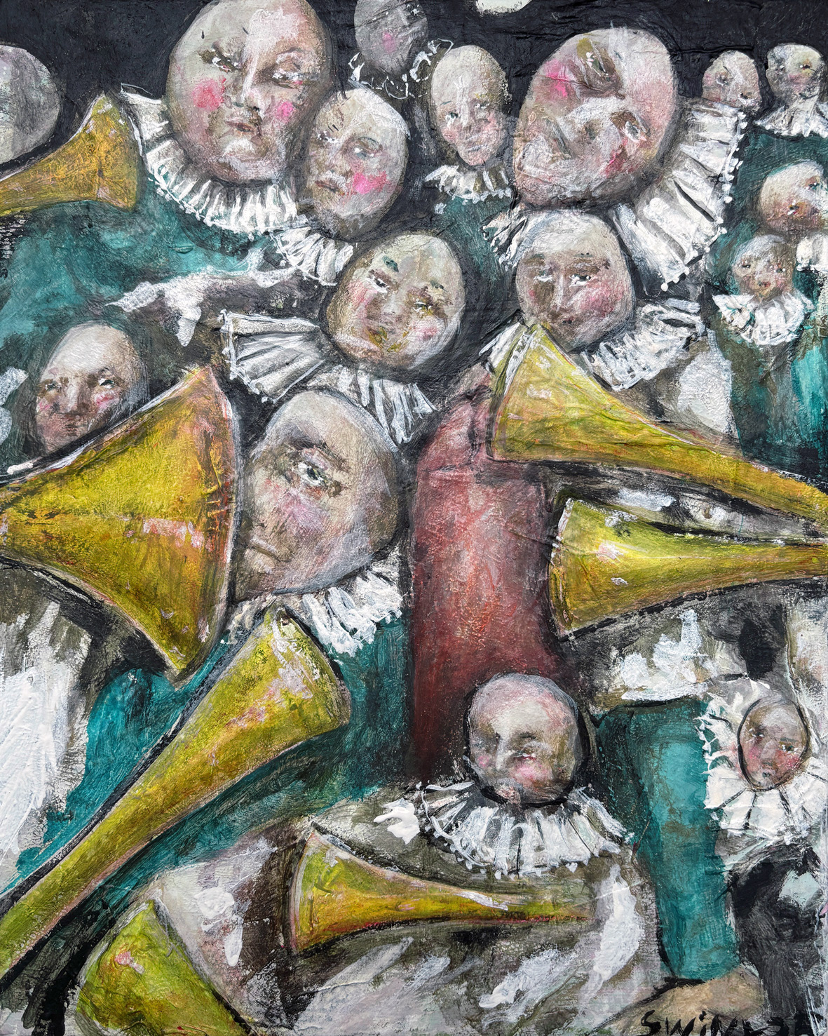 funny_weltuntergang, 20 x 25 cm, Acrylfarbe auf mit Papier bezogenem Holz, 850,–