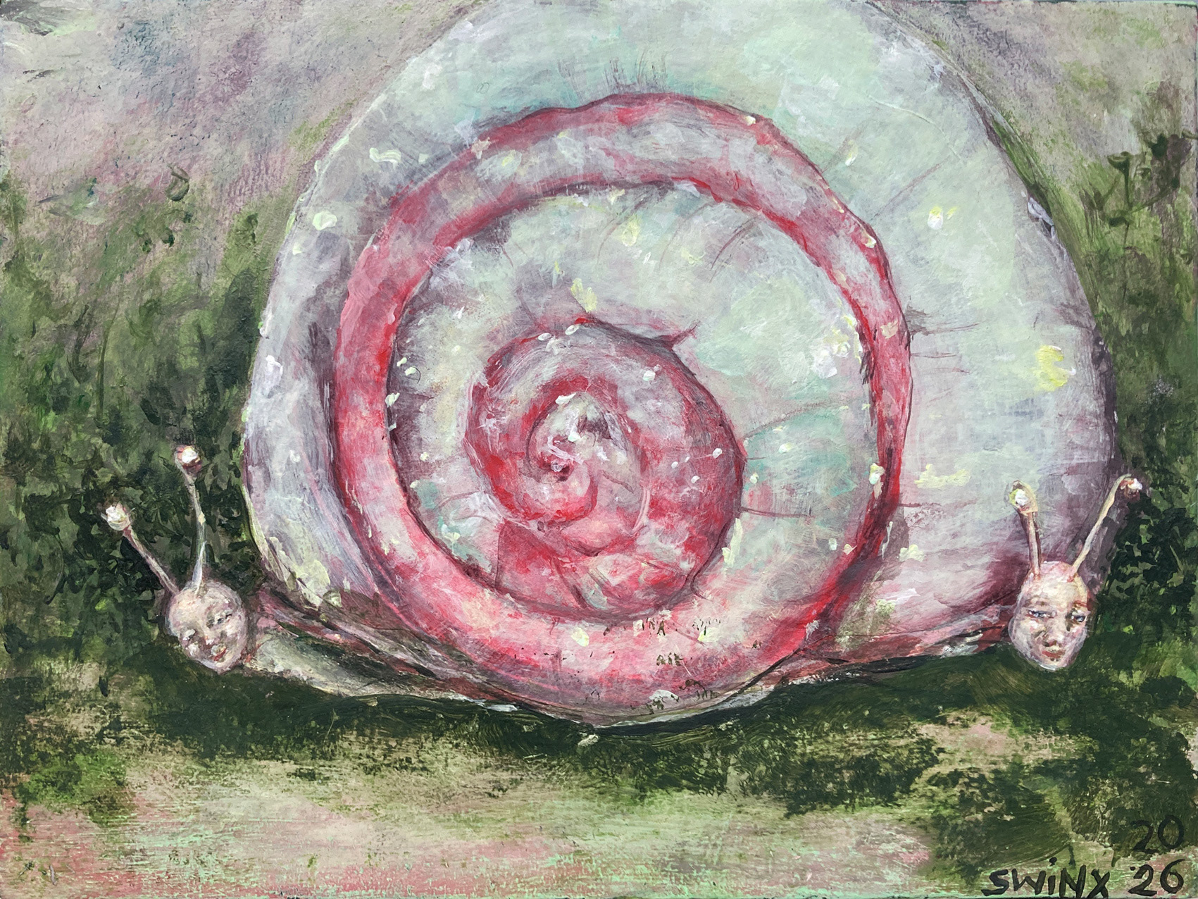 2 Schnecken - 1 Haus, 24 x 18 cm, Acrylfarbe auf Holz 