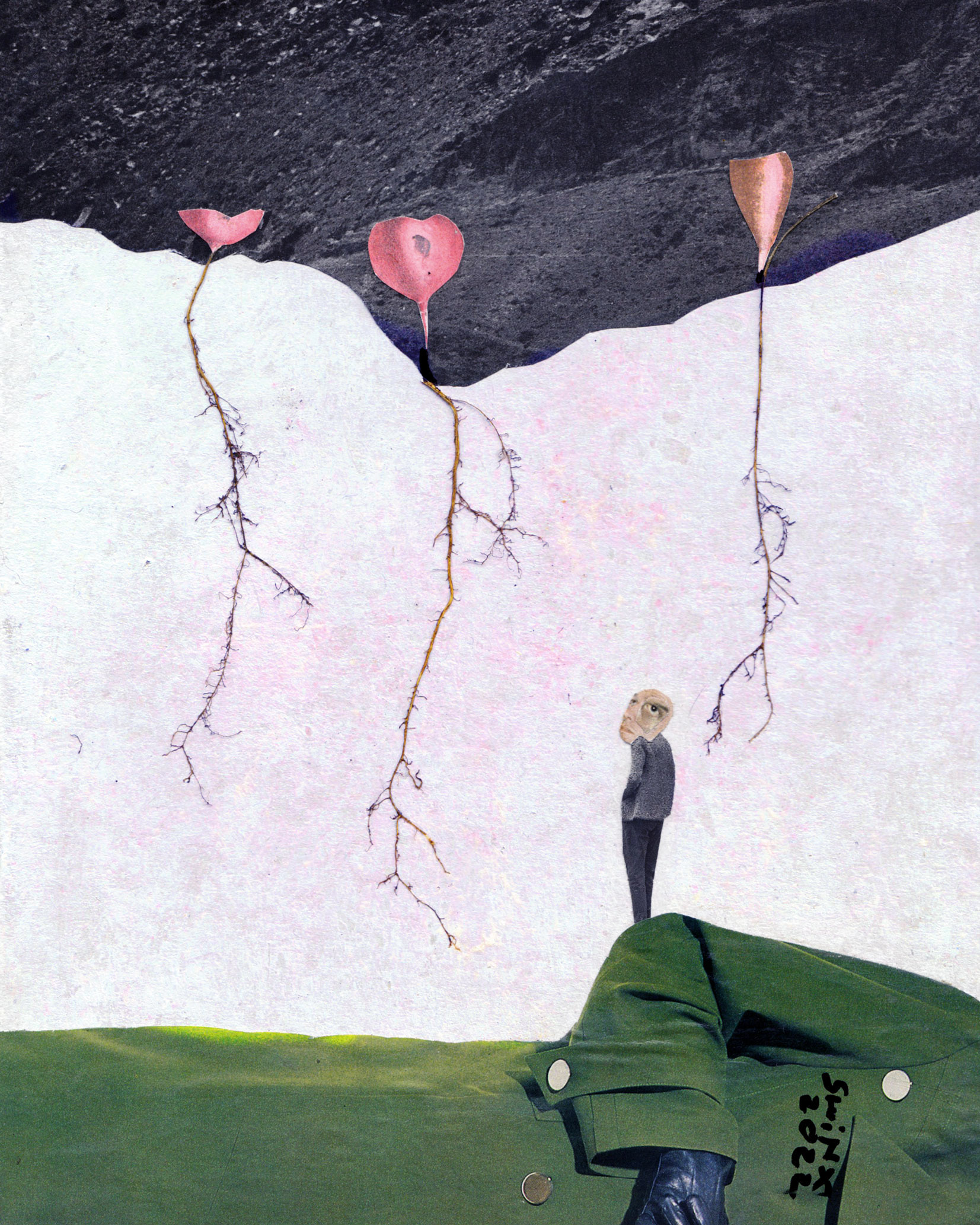 Radieschen, 20 x 25 cm, Collage, Pigmente, Brennesselwurzeln auf Pappe