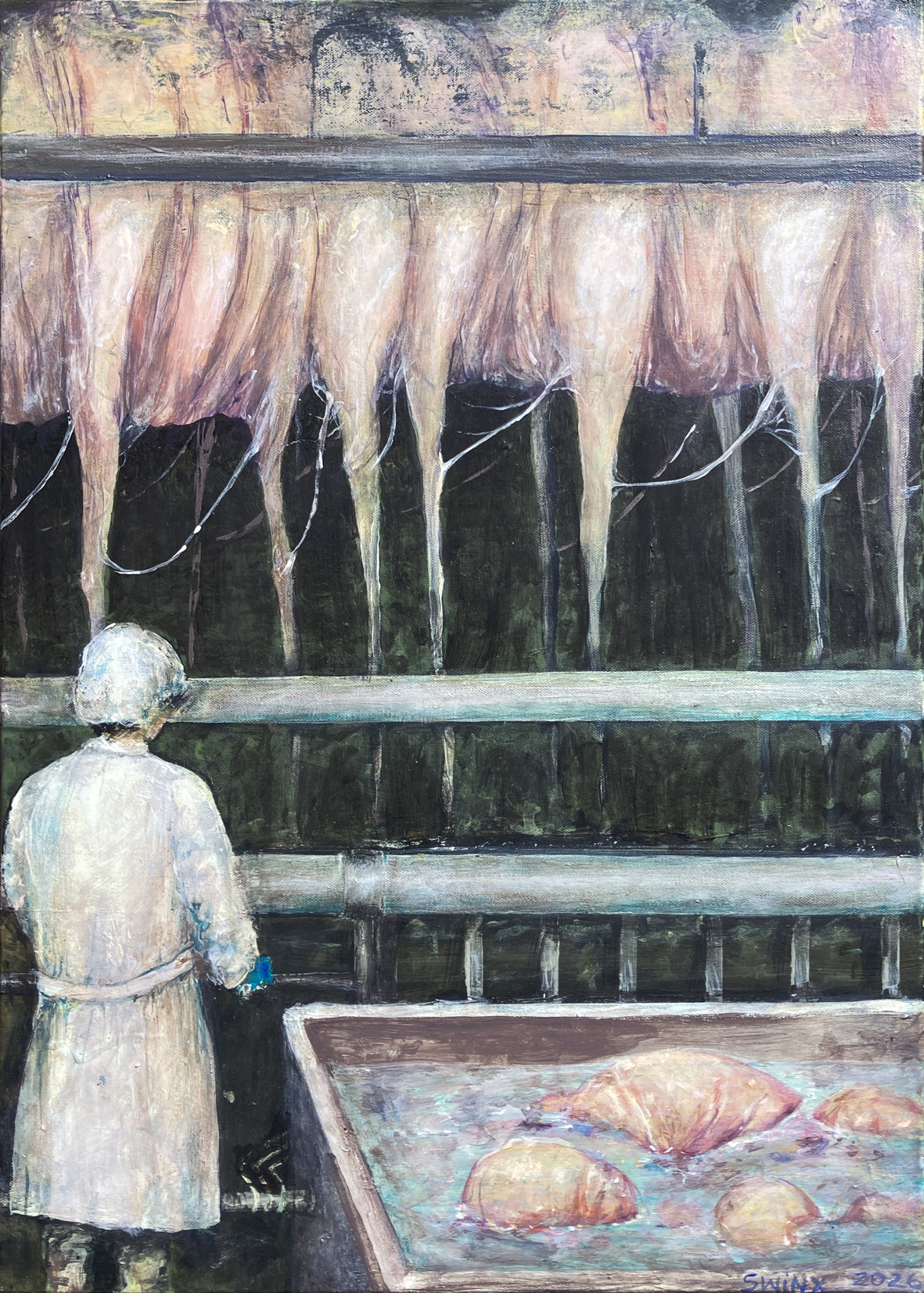 fleischfabrik, 50 x 70, Acrylfarbe auf Leinwand, 2000,–