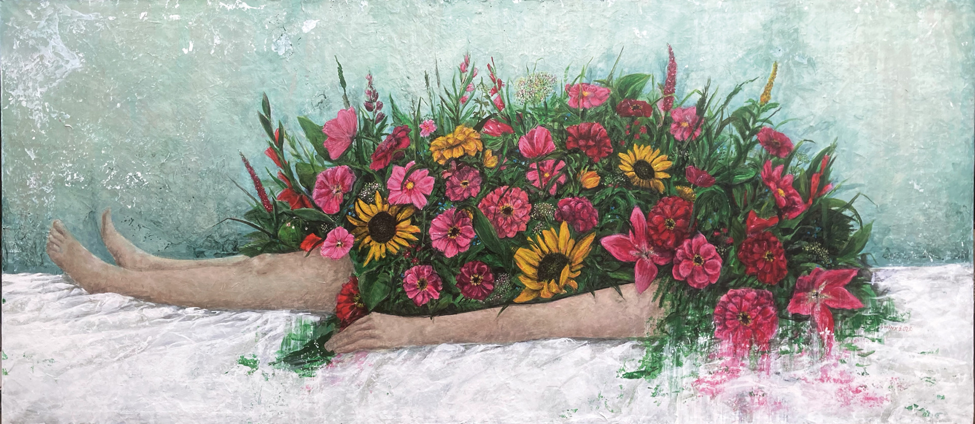 Wiesenstück, 207 x 90, Acryl auf Zeitungspapier auf Leinwand        4800,–