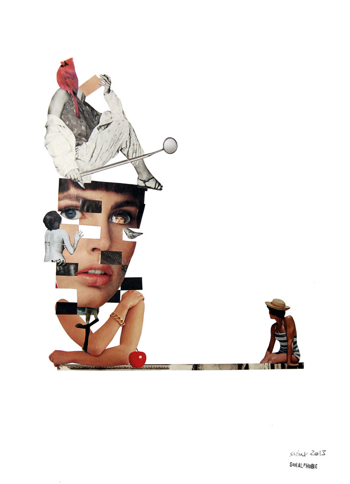 sozialphobie, 50 x 70, Collage auf Pappe, 200,–