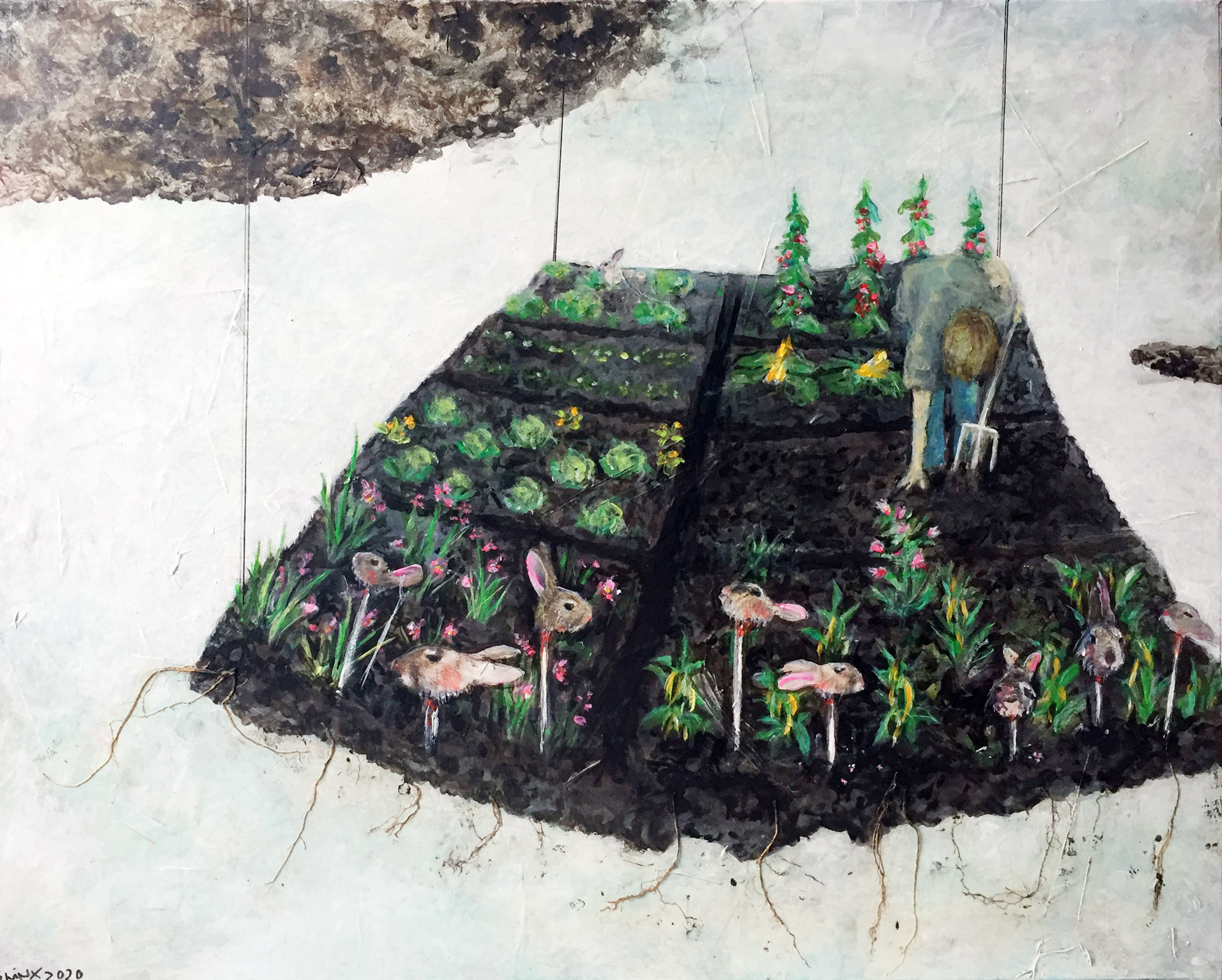 Gartenstück, 81 x 65,  Papier, Wurzeln, Acrylfarbe auf Leinwand