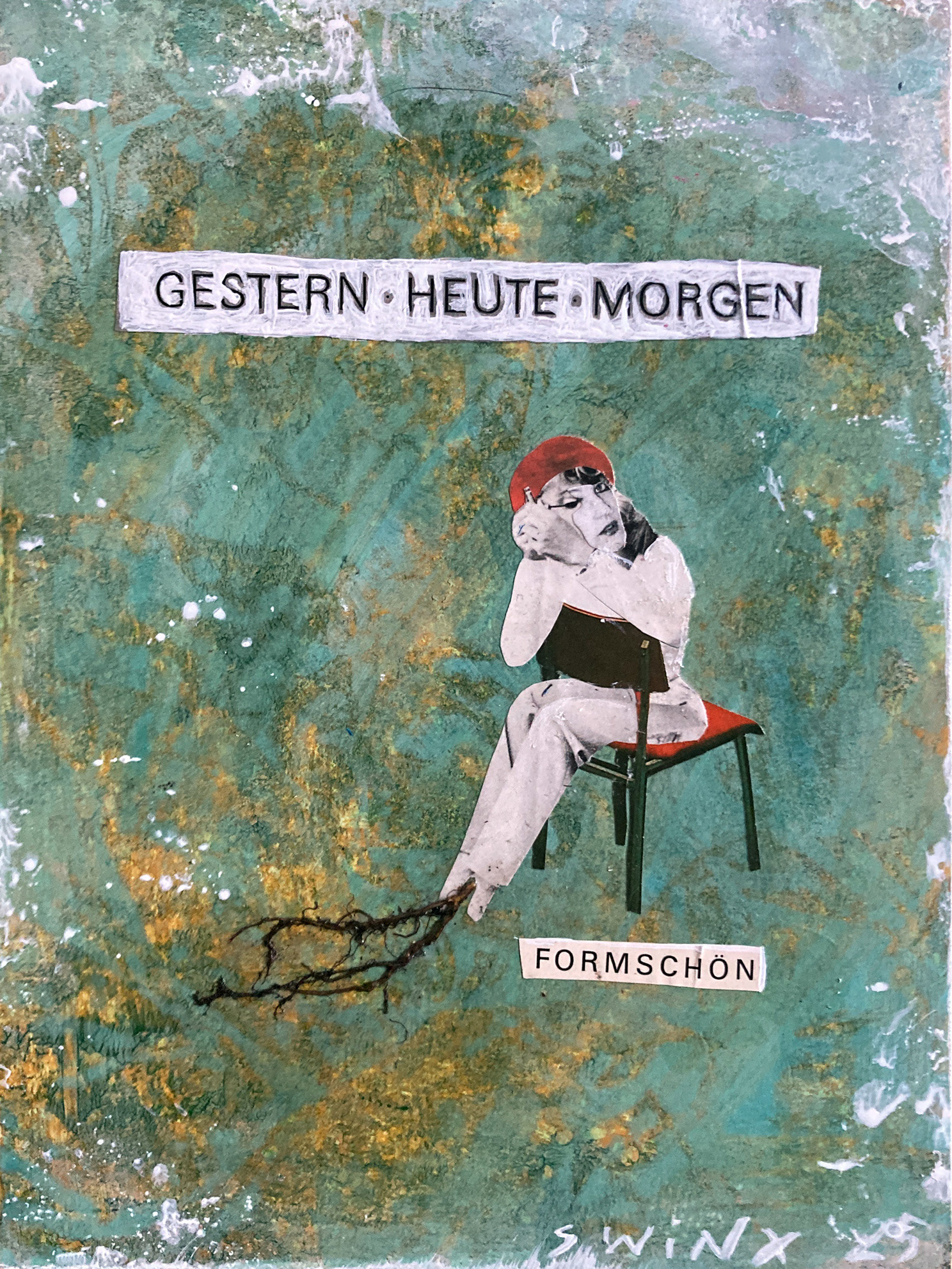 formschoen, 18 x 24 cm, Collage auf Holz, 400,–