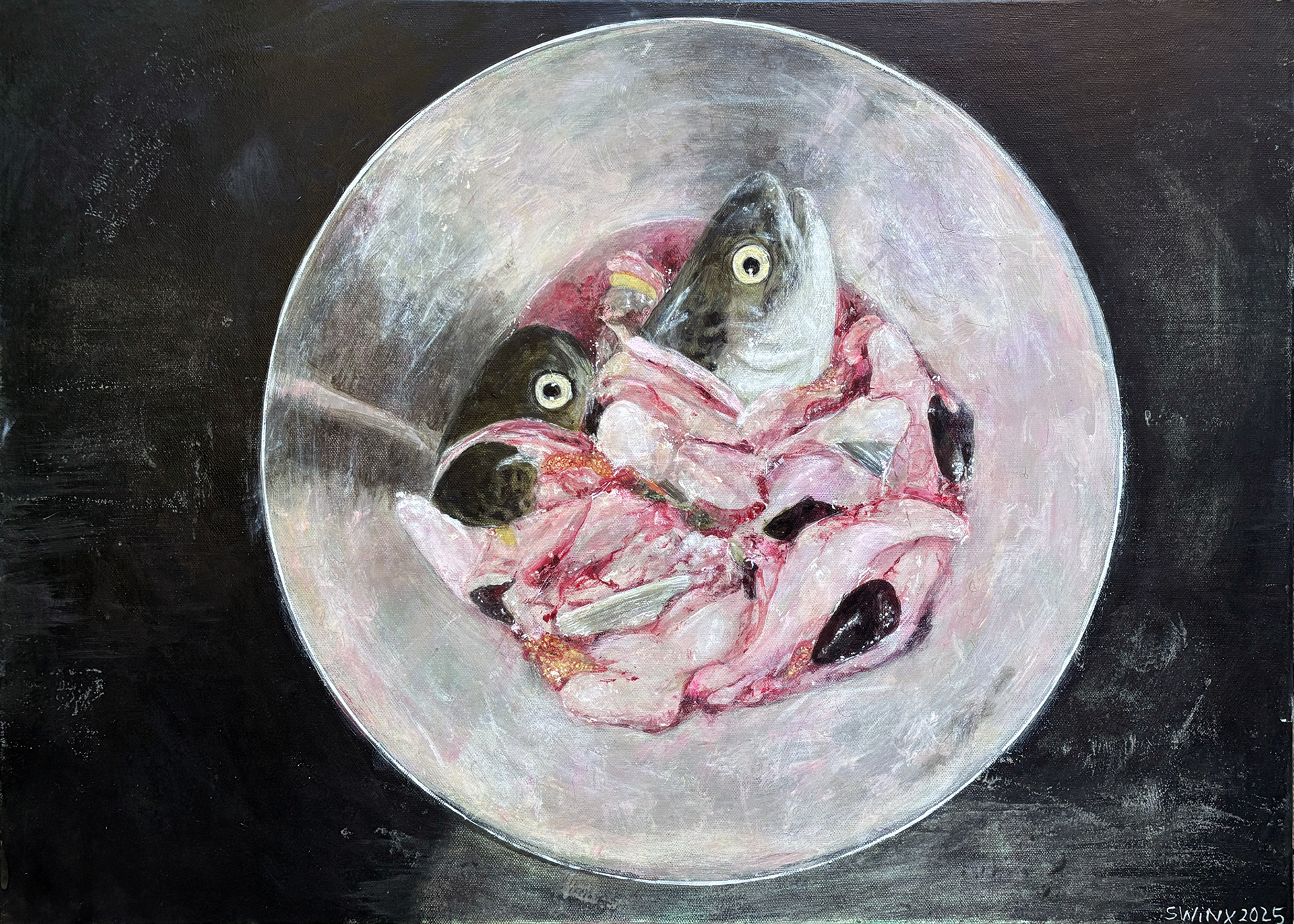 salmoniden, 70 x 50 cm, Acrylfarbe auf Leinwand, 2700,–