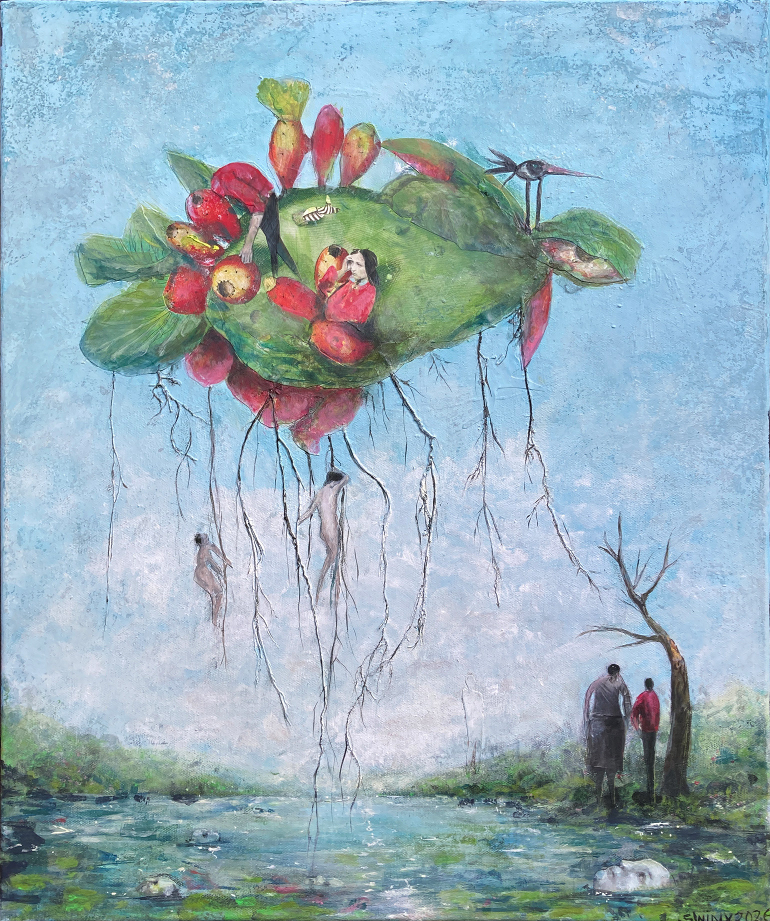 drei Pflegerinnen, 46 x 55 cm, Acrylfarbe, Collage, Brennnesselwurzeln, auf Leinwand, 1750,–