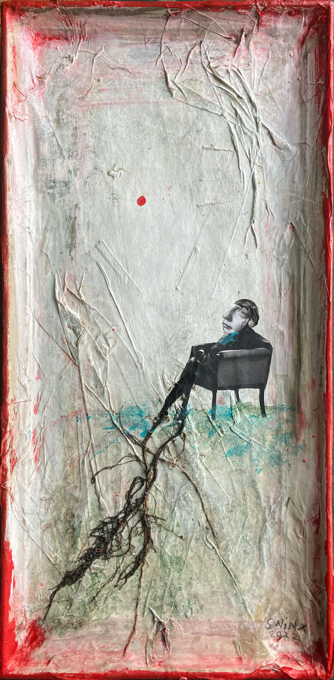 Punkt., 15,5x31,5cm, Acrylfarbe, Collage, Brennesselwurzel auf Papier